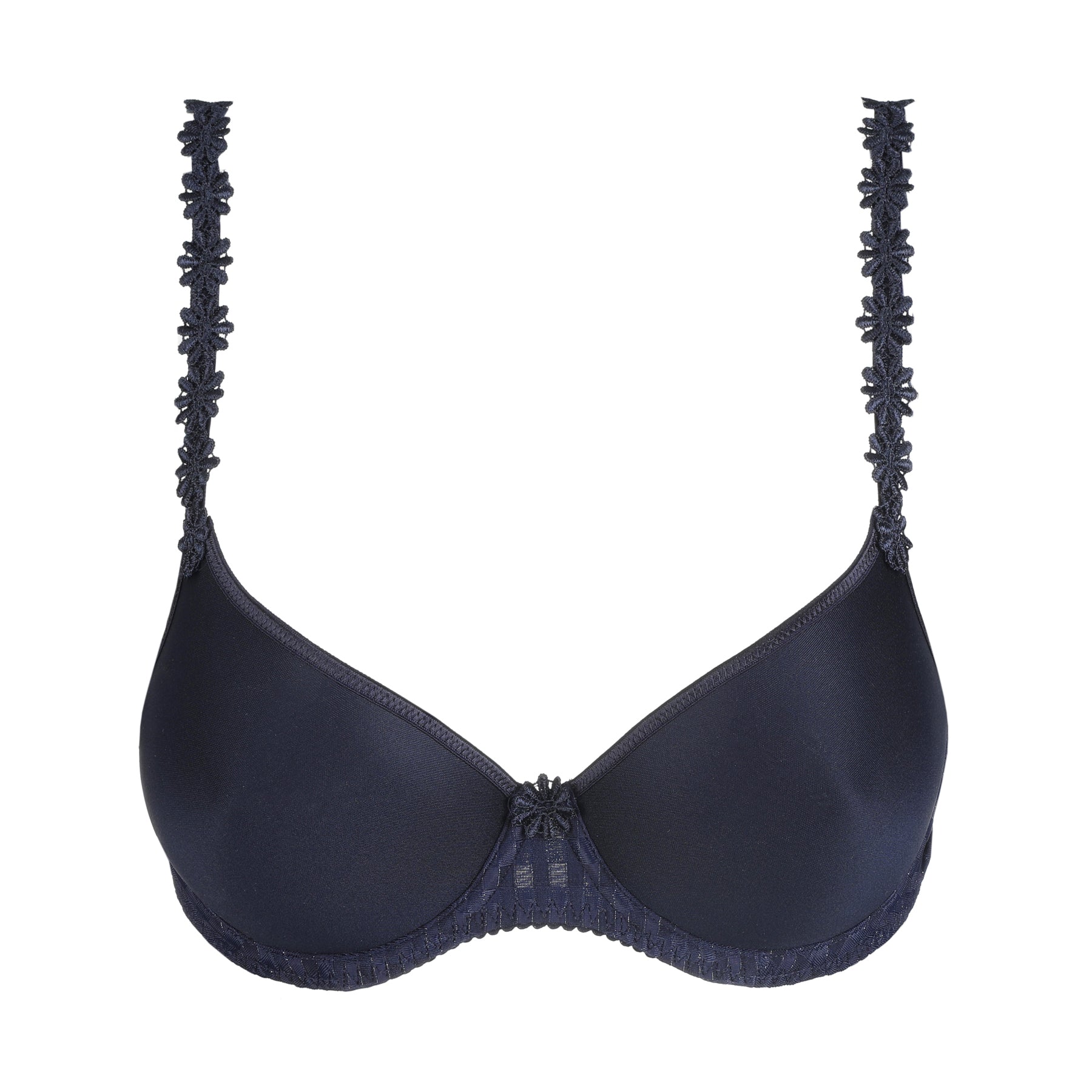 Marie Jo Avero Full Cup Spacer Bra in Velvet Blue with lightweight spacer cups, smooth seamless finish, and iconic daisy shoulder straps.