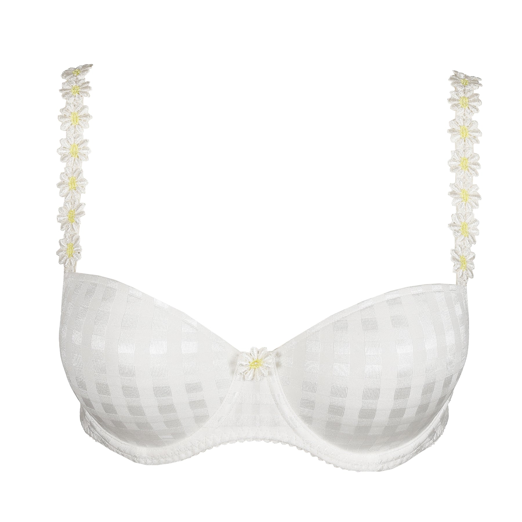 Ivory padded balcony bra laid flat on a white background with daisy-embroidered straps and a smooth contoured shape.