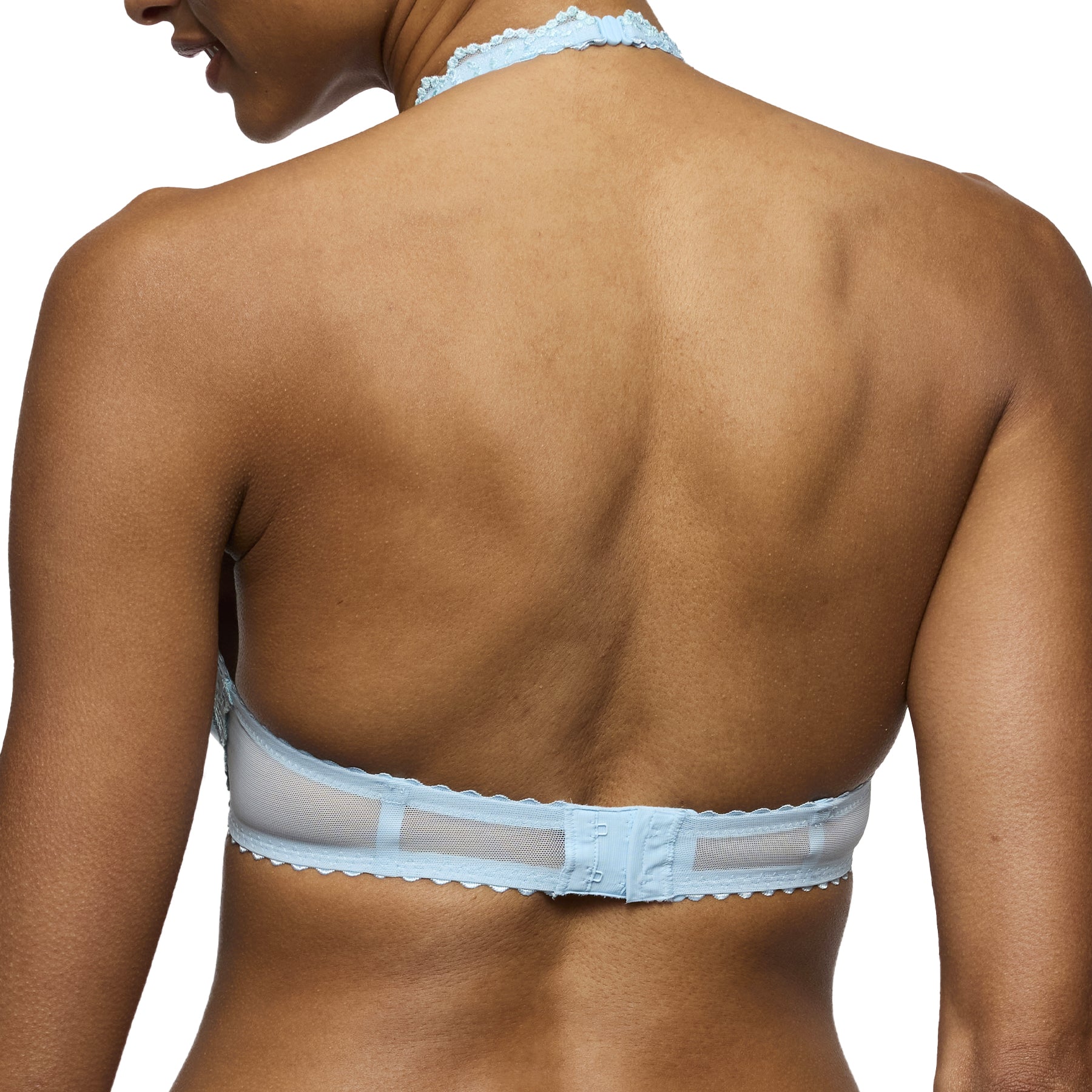 Back view of light blue lace bra with sheer mesh band and adjustable straps
