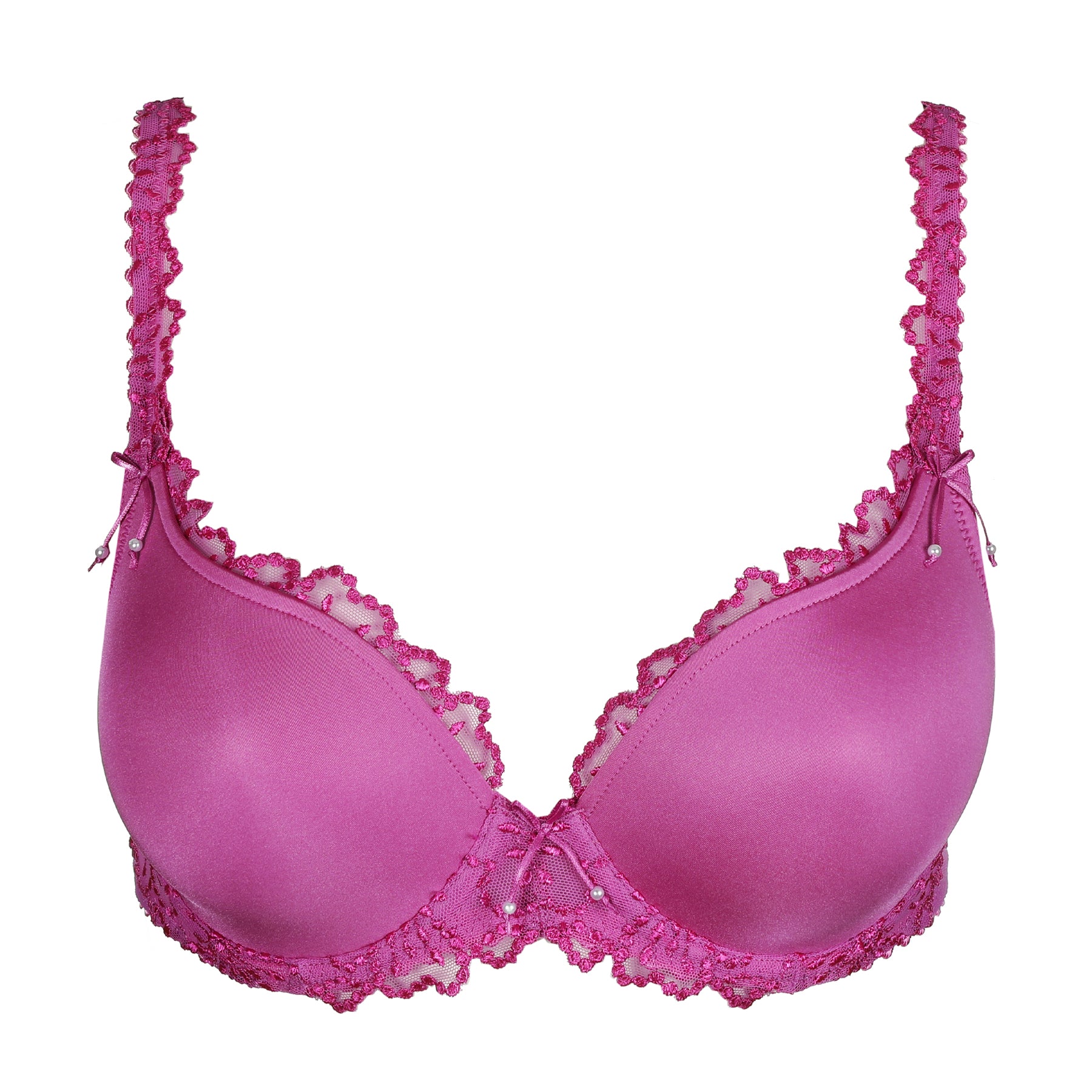 Front view of fuchsia lace underwire bra with smooth molded cups and decorative lace trim on white background.