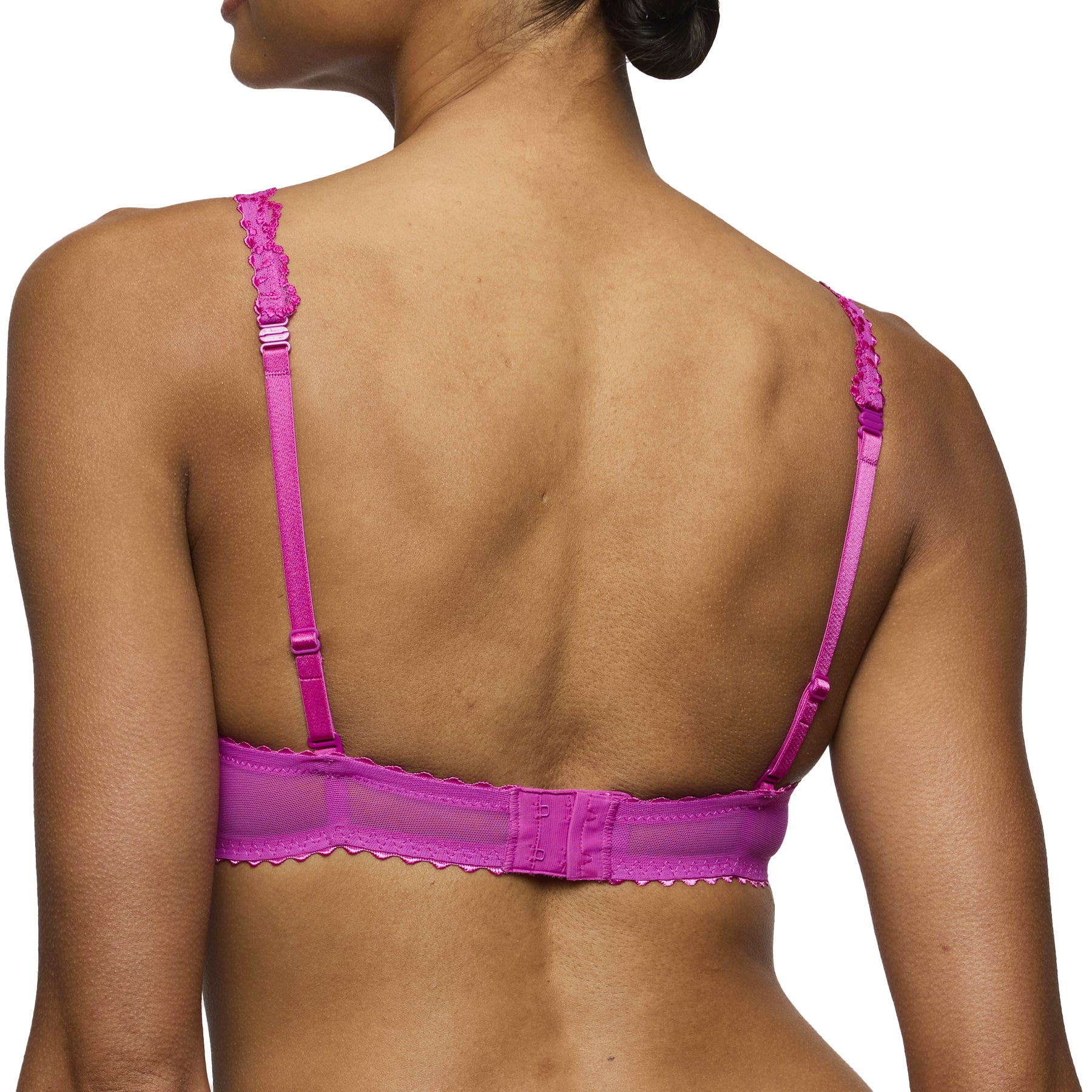 Back view of fuchsia lace bra with adjustable straps and hook-and-eye closure.