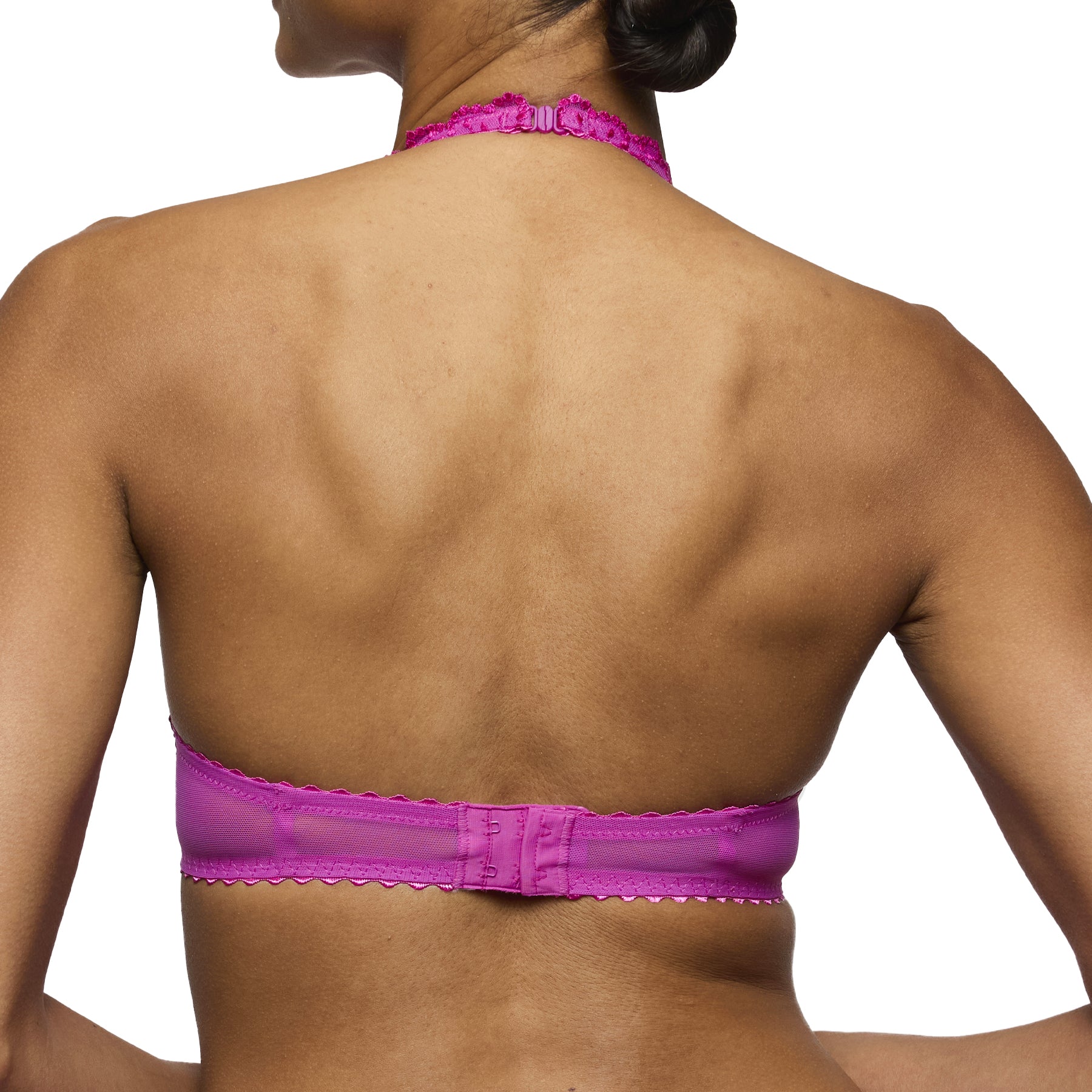 Back view of fuchsia lace bra styled in halter position, showing lace band and secure closure.