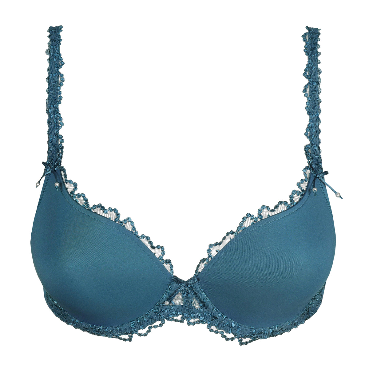 Peacock teal padded bra with smooth molded cups, intricate lace trim, lace straps and delicate bow and pearl details.