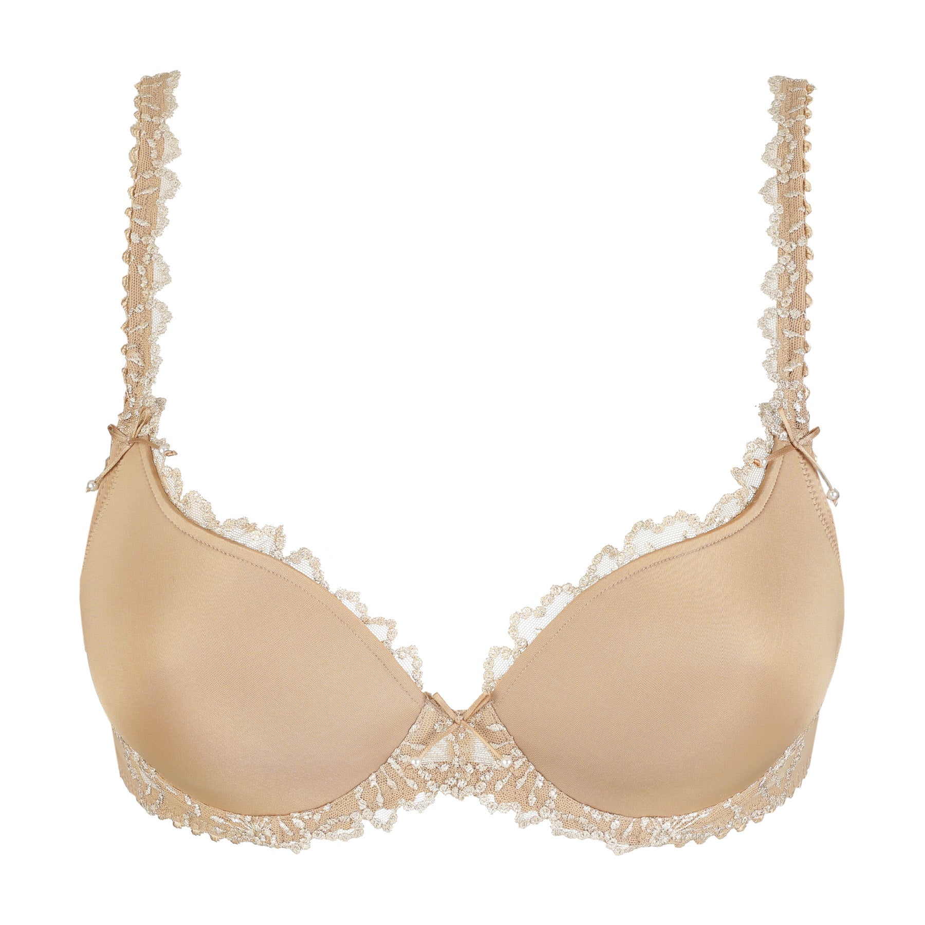 Marie Jo Jane padded plunge bra in Sand with seamless moulded cups, embroidered lace trim, decorative bows, and a flattering plunge neckline.
