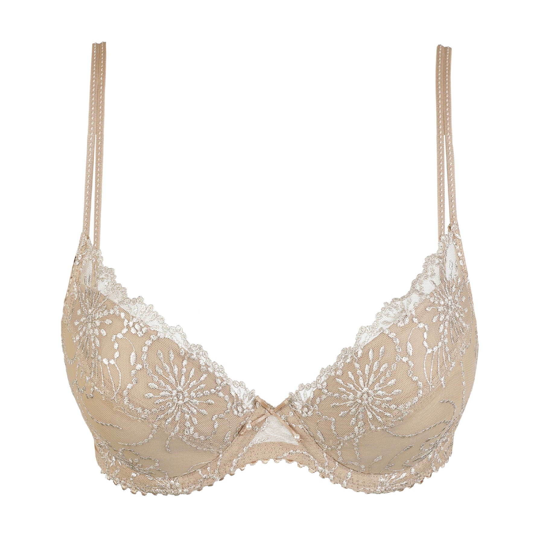 Marie Jo Jane balcony bra in Sand with sheer embroidered cups, floral lace detailing, underwire support, and elegant double shoulder straps.
