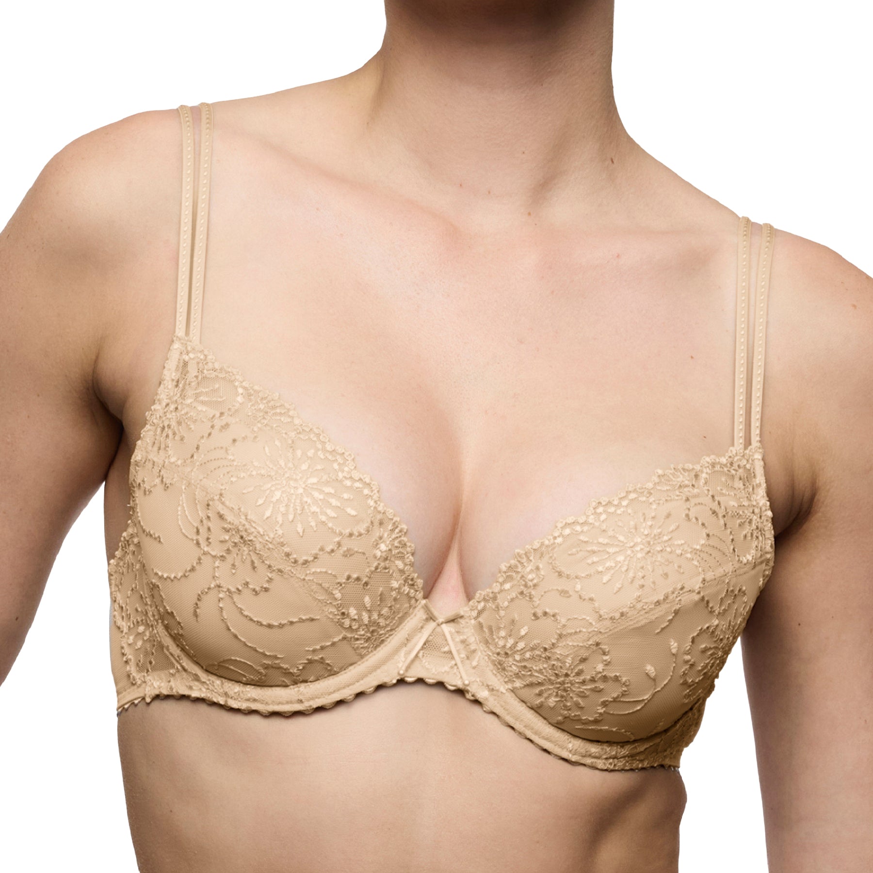 Close-up of the Marie Jo Jane balcony bra in Sand showcasing intricate floral embroidery, sheer tulle cups, and a feminine balconette neckline.