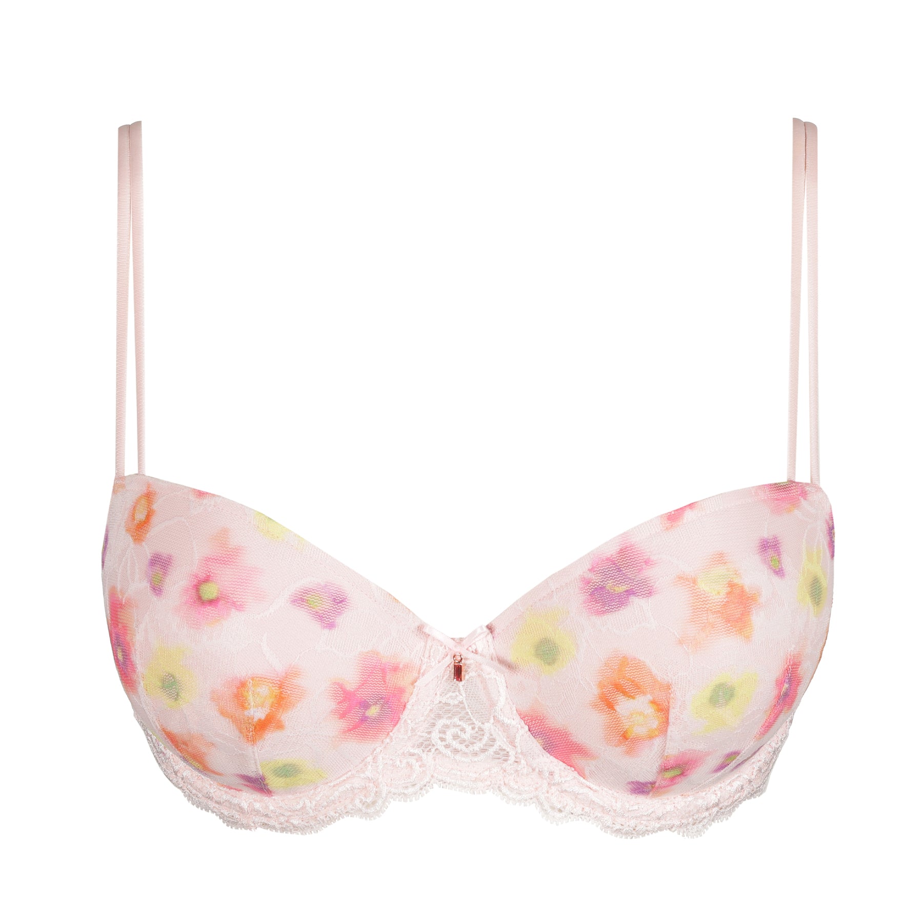 Product image of a floral print bra with lace trim and double satin straps, displayed on a white background.