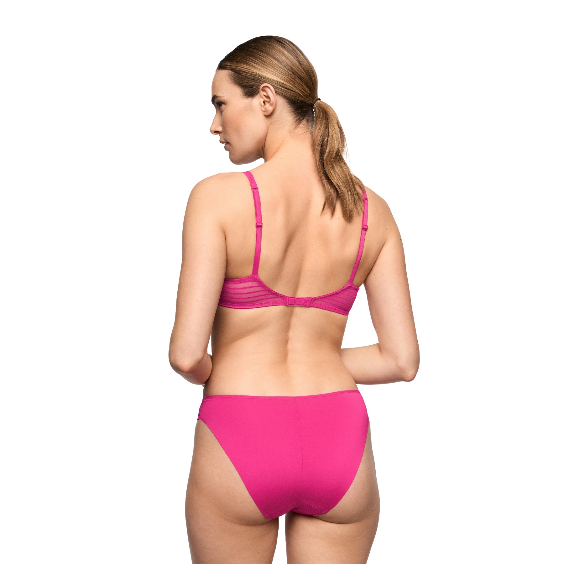 Back view of the Marie Jo Tom balcony bra in Very Berry featuring sheer striped mesh, adjustable straps, and a smooth supportive band.
