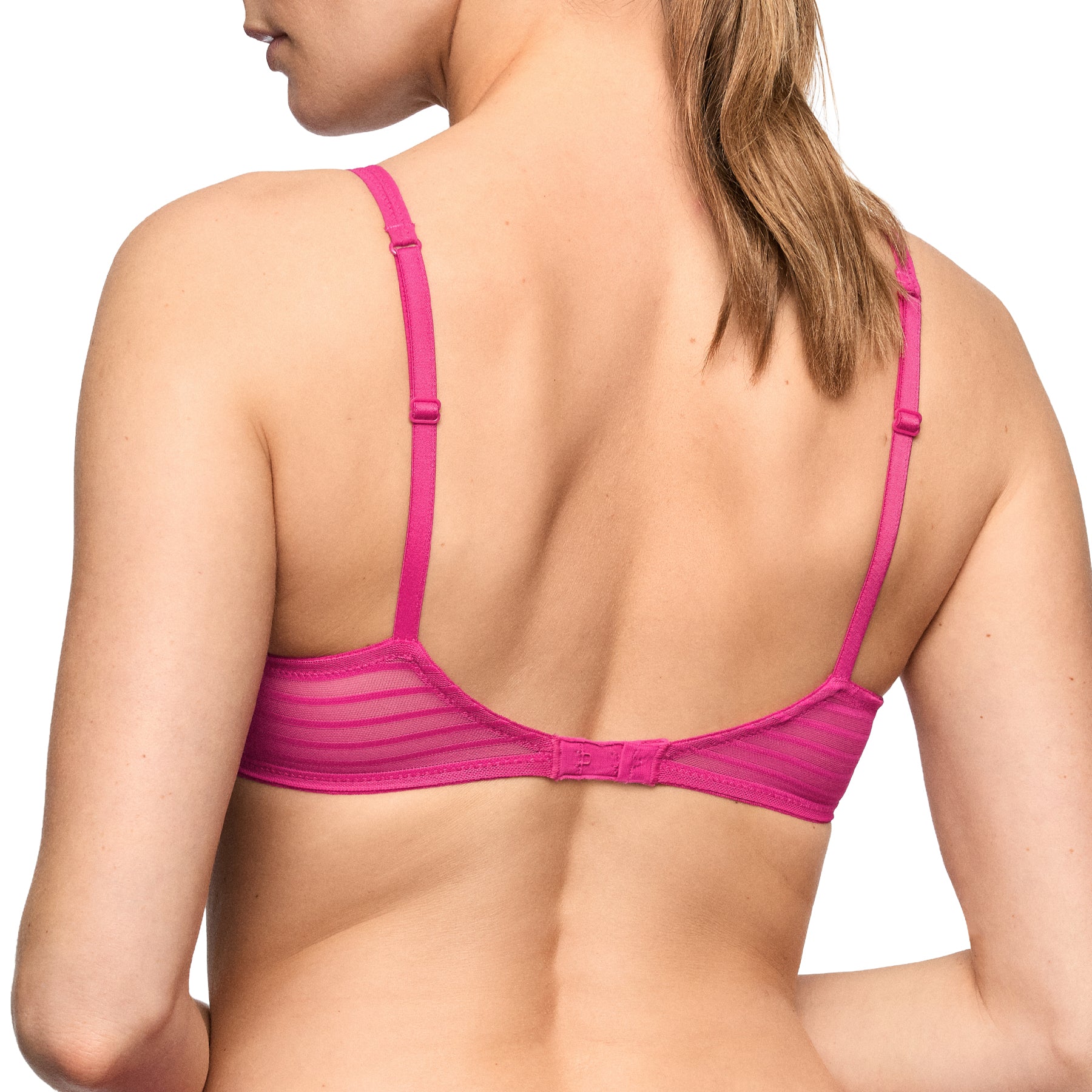 Close-up back view of the Marie Jo Tom bra in Very Berry with adjustable straps, striped mesh back band, and hook-and-eye closure.