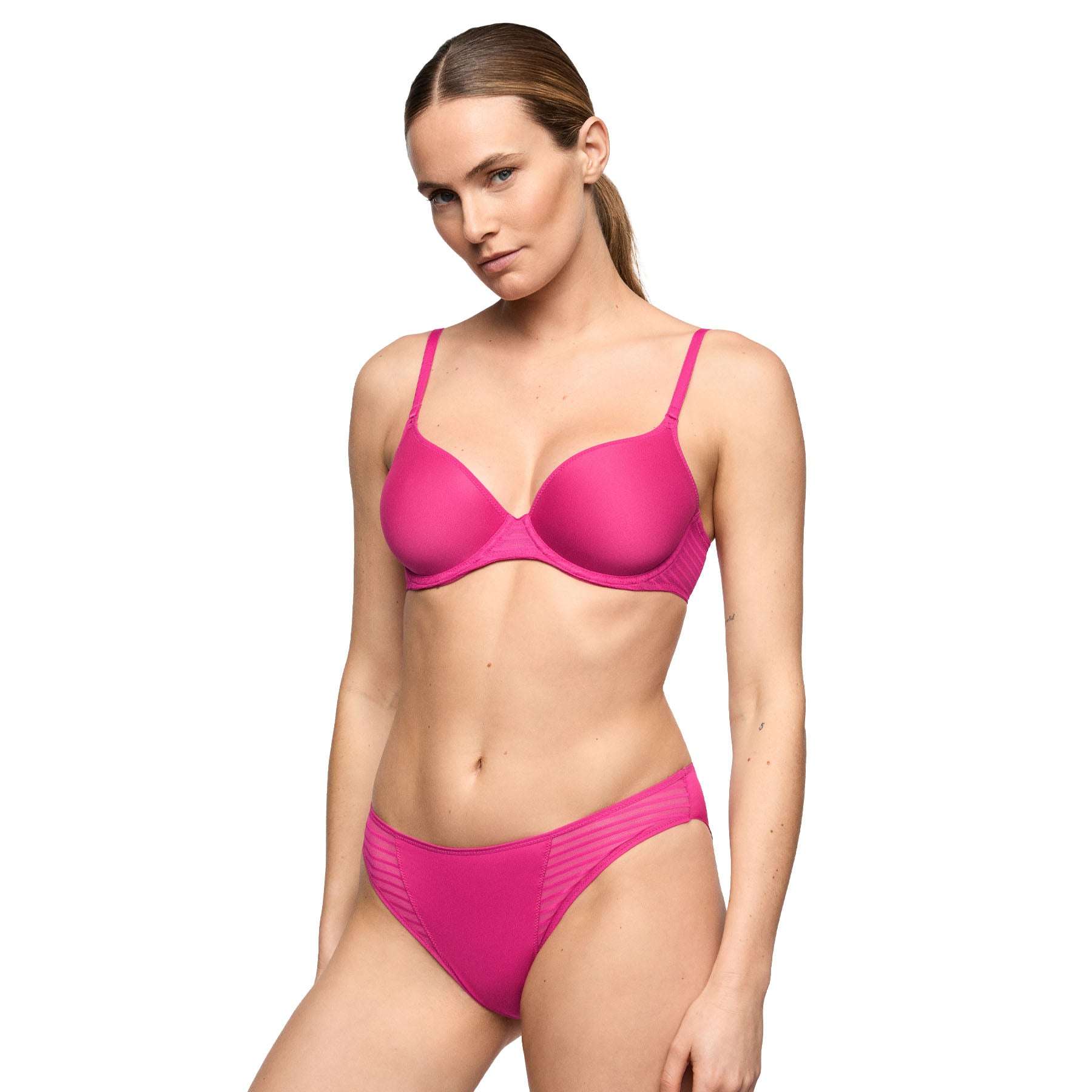 Smooth molded T-shirt bra in vibrant very berry pink with sheer striped mesh details at the center gore and side wings, paired with matching bikini briefs.