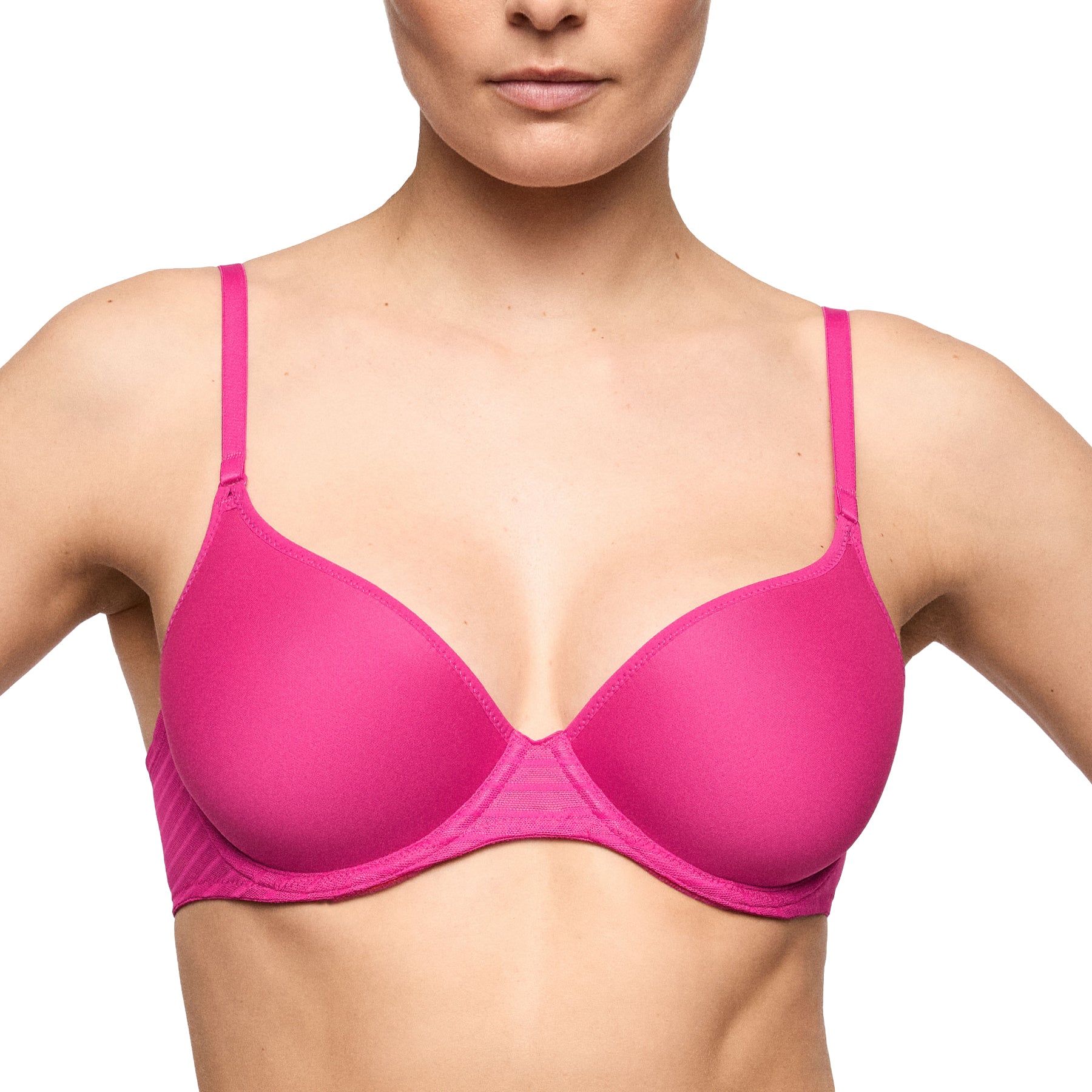 Close-up of the very berry pink seamless T-shirt bra featuring smooth molded cups, a low center gore, and subtle sheer striped mesh accents.
