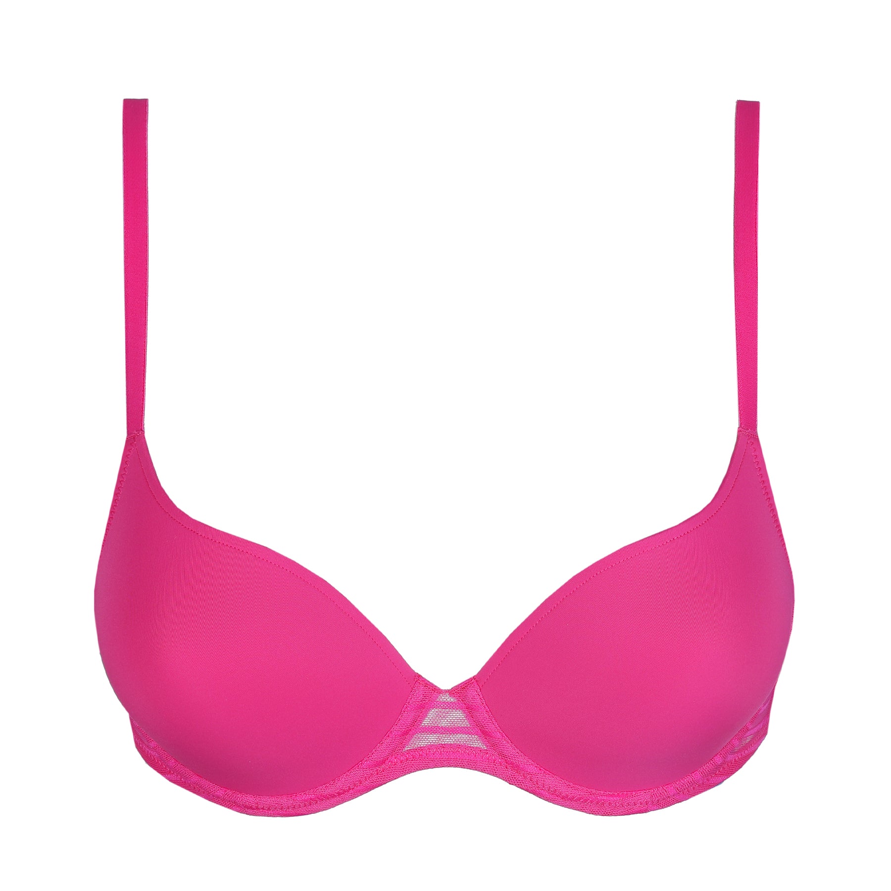 Very berry pink molded underwire T-shirt bra with seamless cups, adjustable straps, and a sheer striped mesh center gore for a smooth, invisible finish under clothing.
