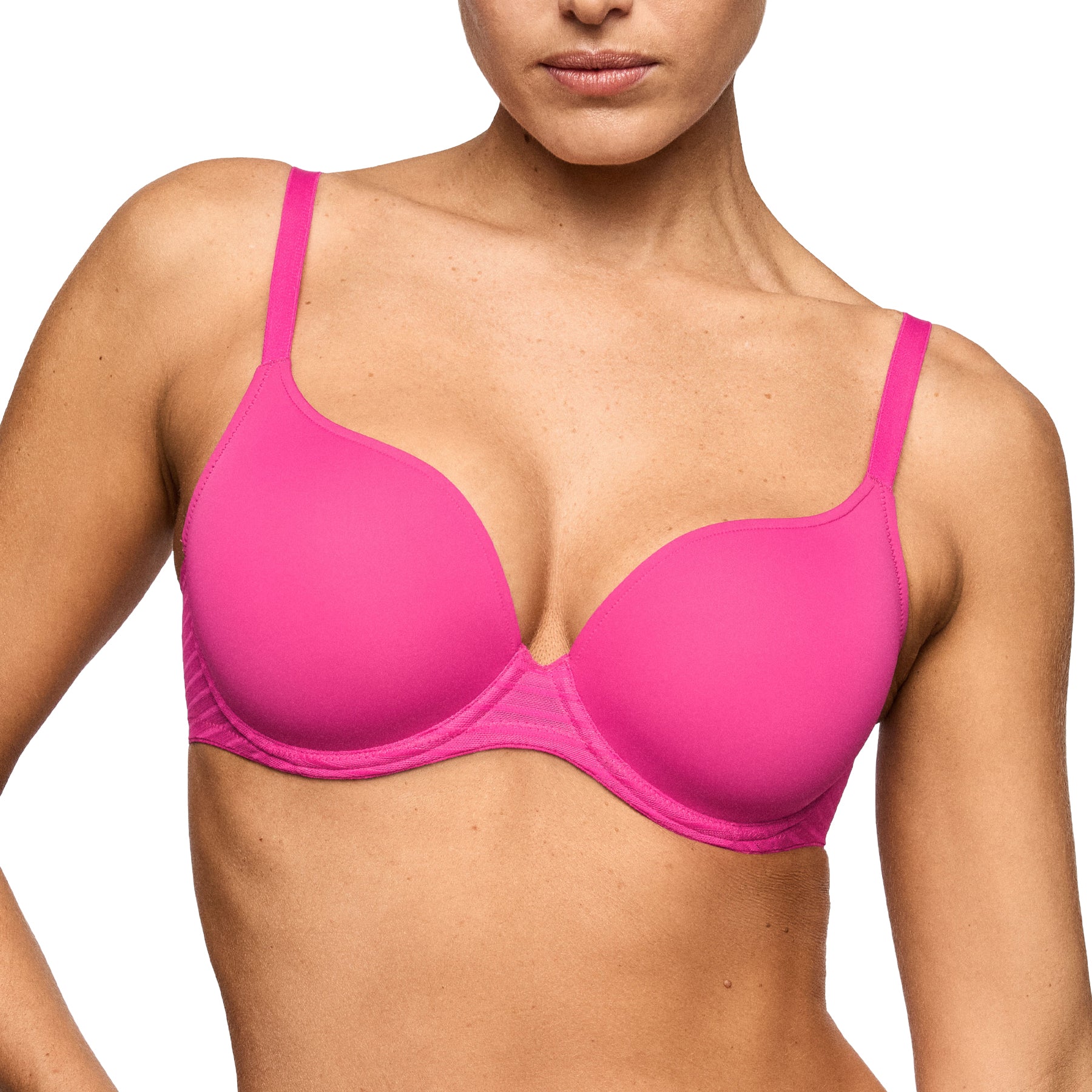 Close-up of the very berry pink seamless T-shirt bra showcasing smooth molded cups, a low center gore with sheer striped mesh, and a natural rounded shape.