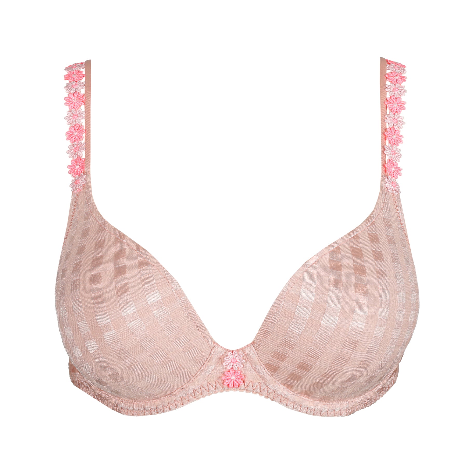 Flat lay of pastel pink heartshape padded cup bra with daisy-inspired floral embroidery on straps.