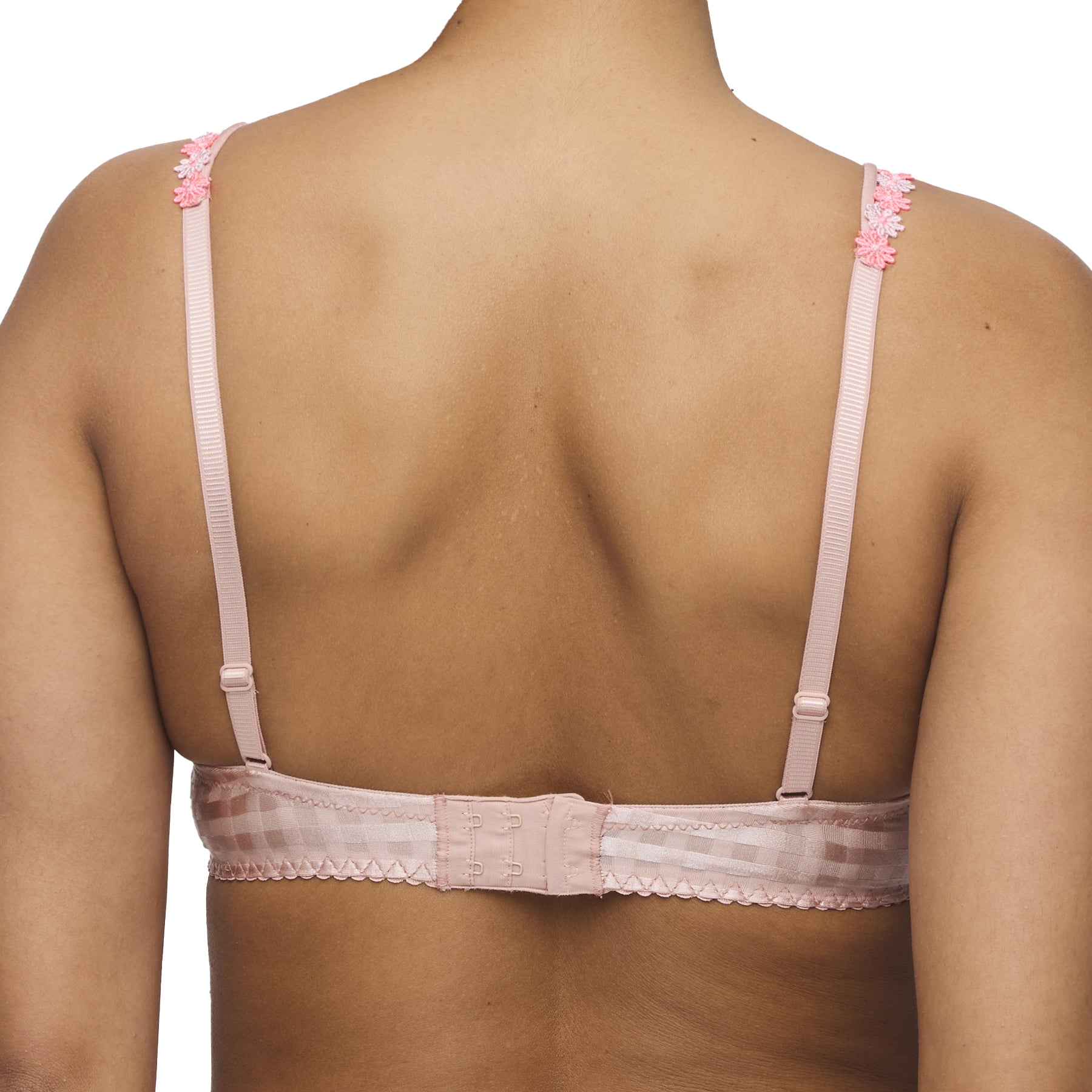 Back view of pastel pink bra with adjustable straps.