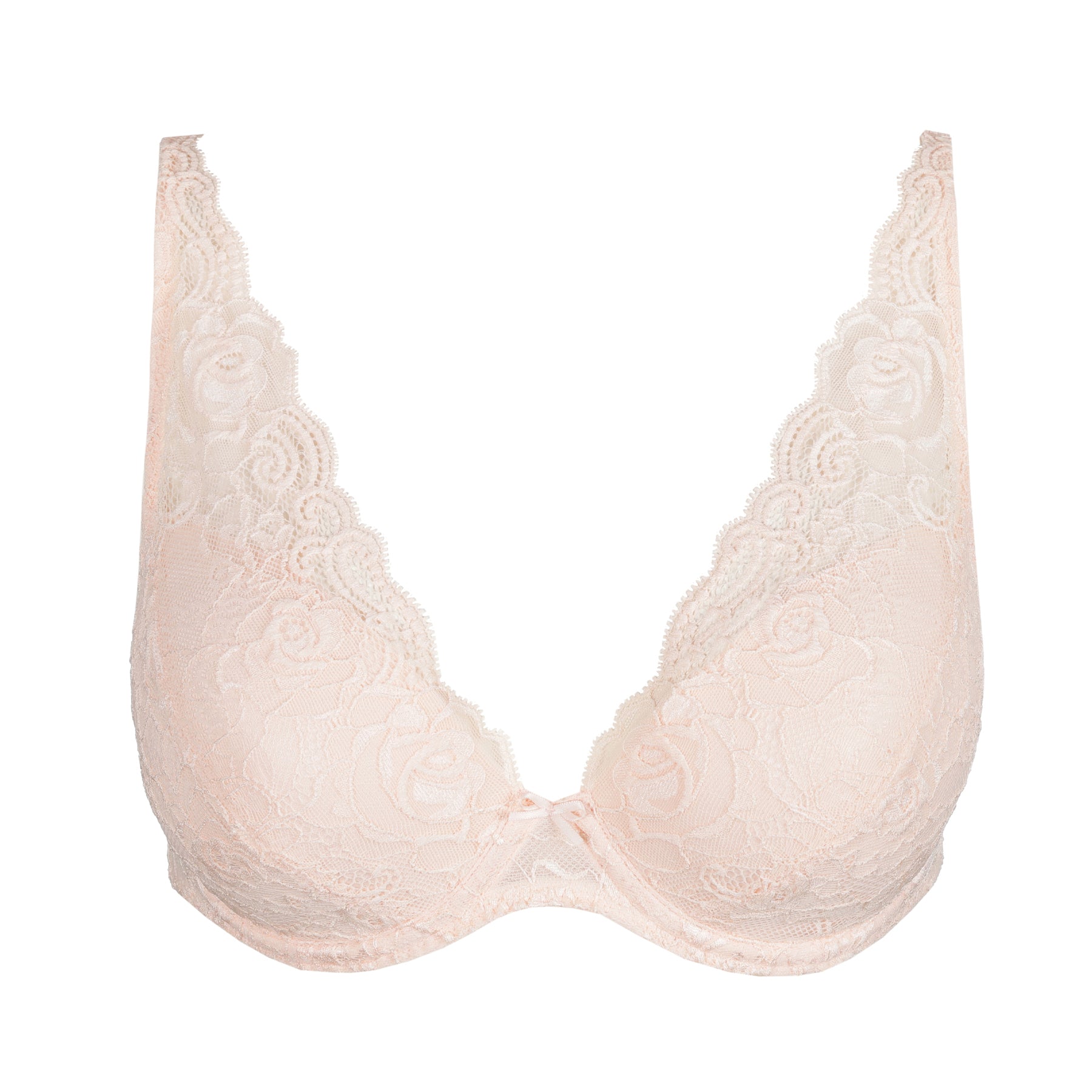 Studio shot of a blush pink deep plunge bra with full lace cups, floral motif, and scalloped lace trim.