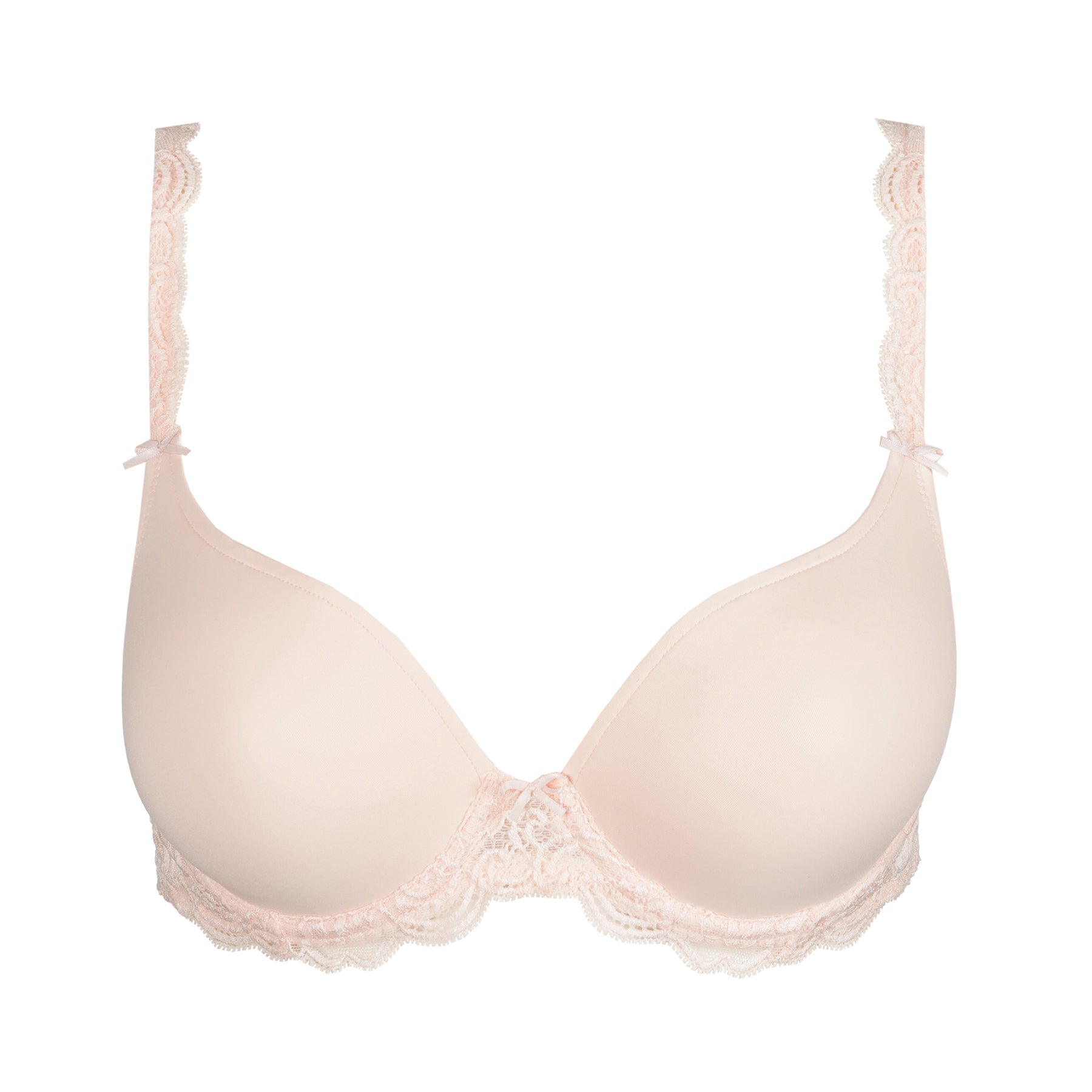 Flat lay of a padded heart-shaped bra in crystal pink with lace under band and lace straps.