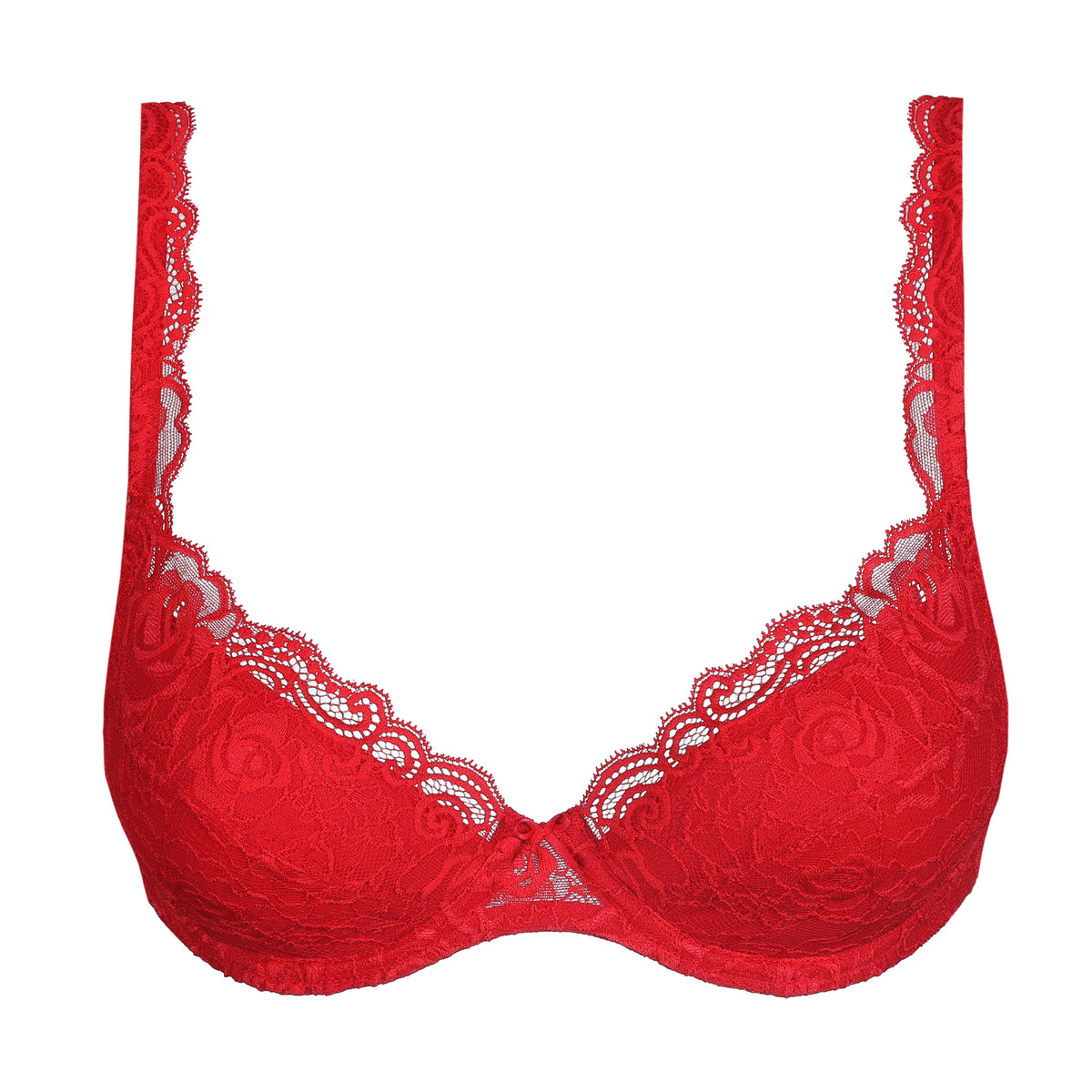 Red floral lace underwire bra with scalloped neckline and lace-covered straps, front product view.
