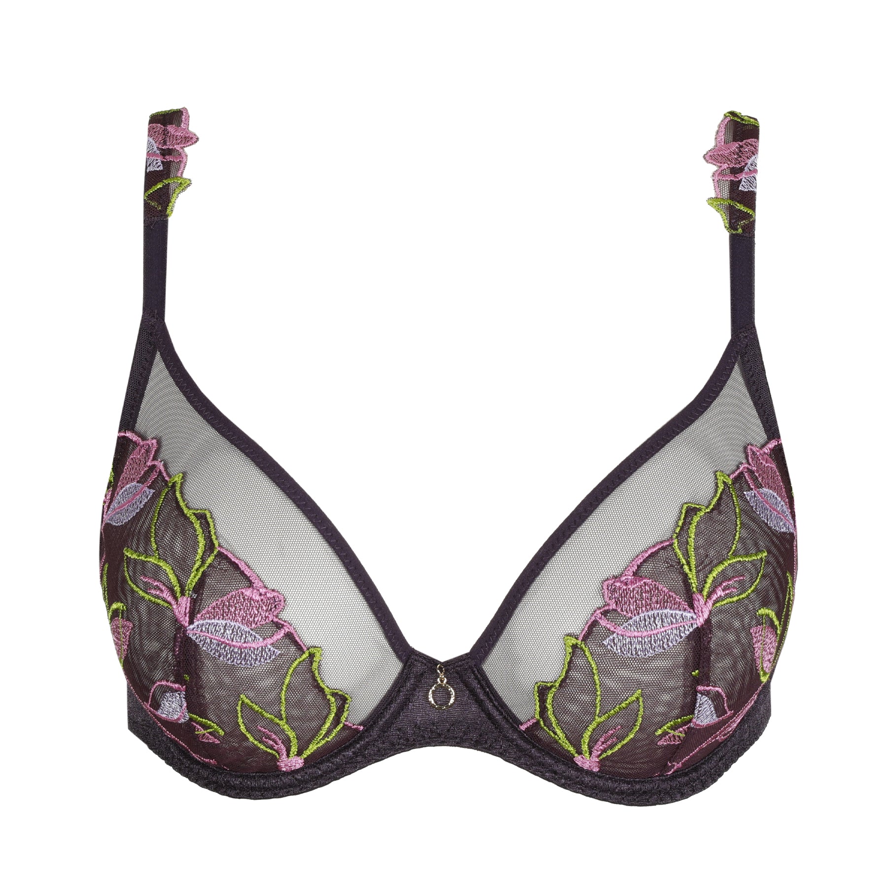 Studio shot of dark purple plunge bra with sheer mesh cups and colourful floral embroidery, shown against white background.
