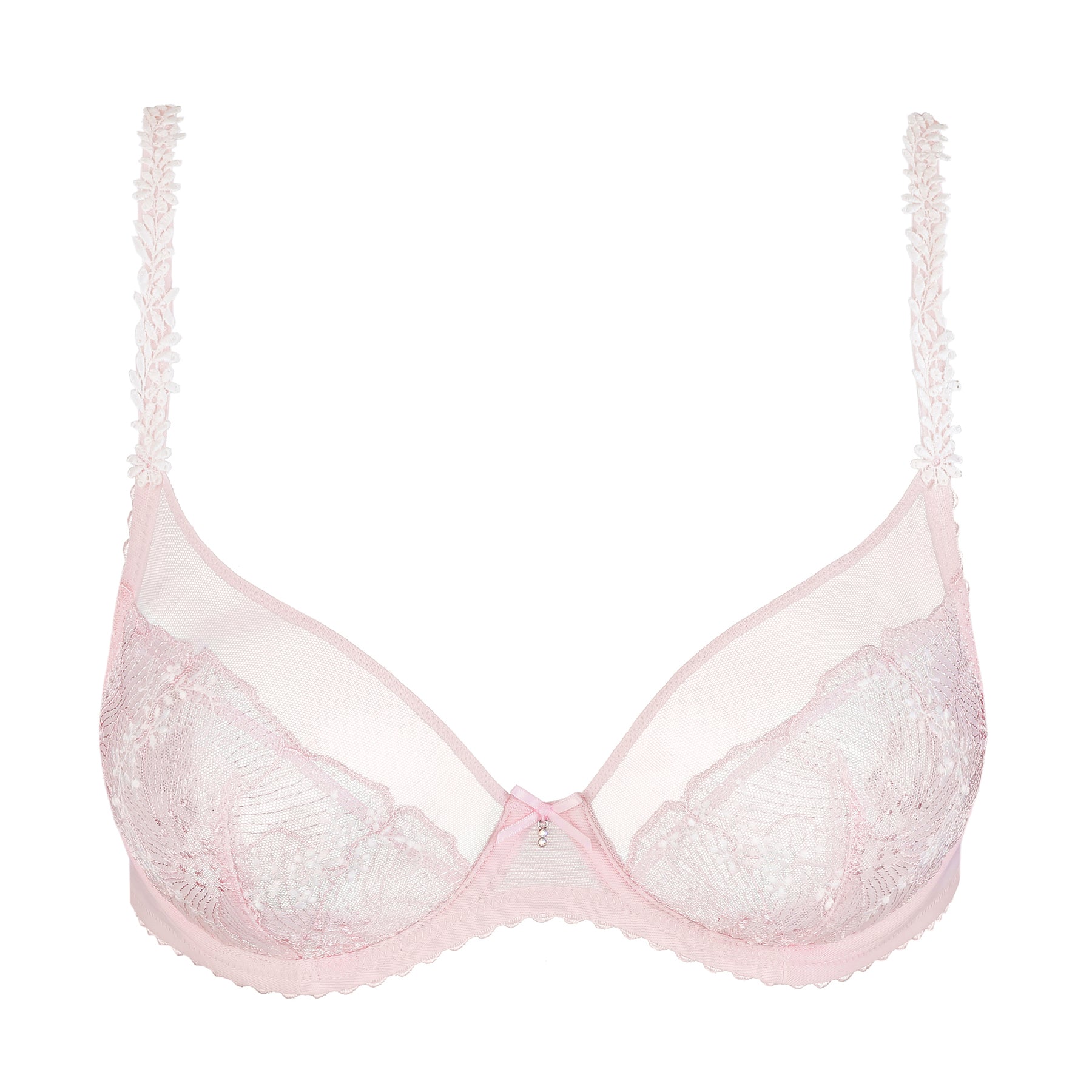 Marie Jo Solene Plunge Bra in Gardenia Rose with embroidered underwire cups, sheer tulle upper cups, floral embroidered straps, and a feminine plunge neckline.