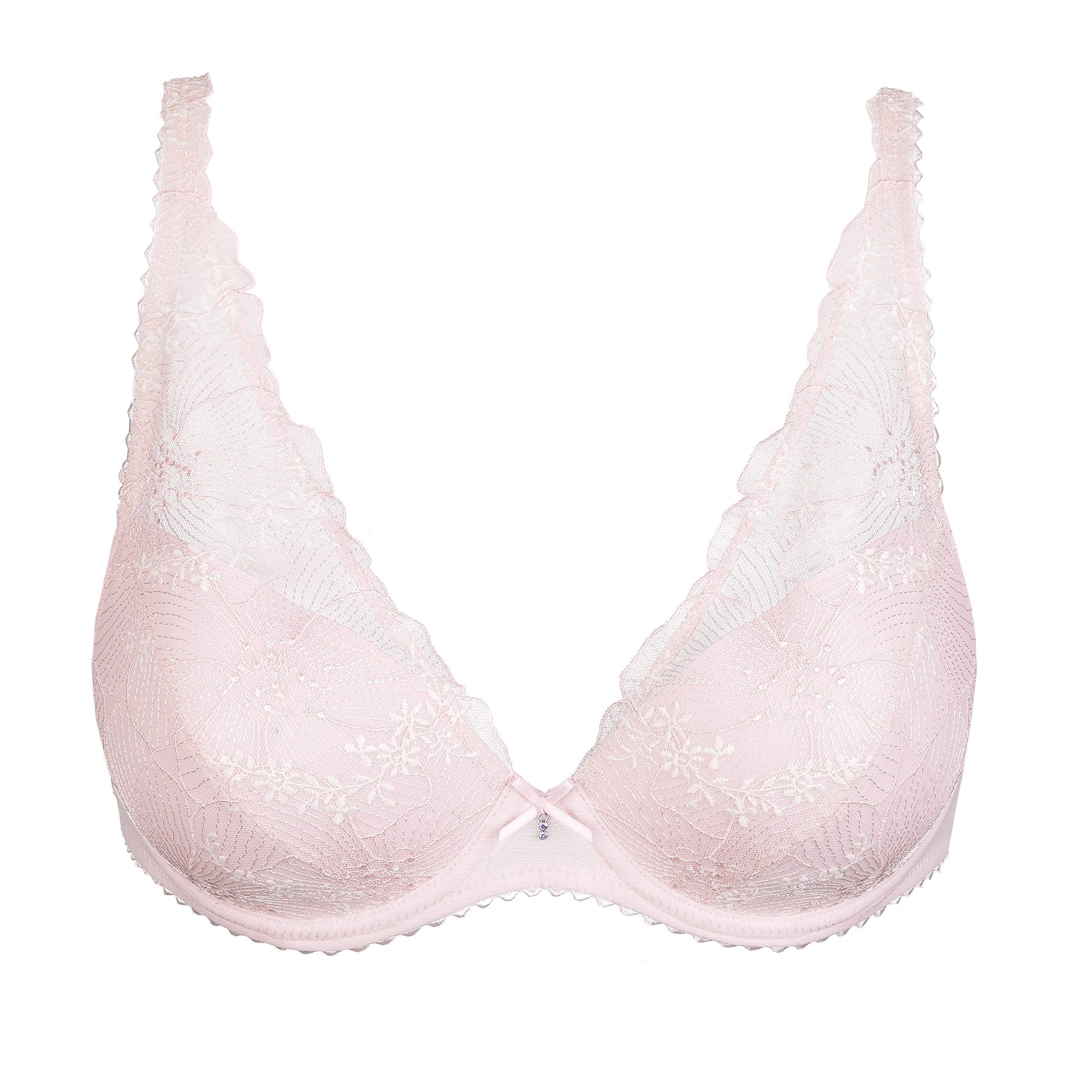 Front flat lay of a blush pink plunge bra featuring floral embroidered lace cups, underwire support, and a deep V-neckline.