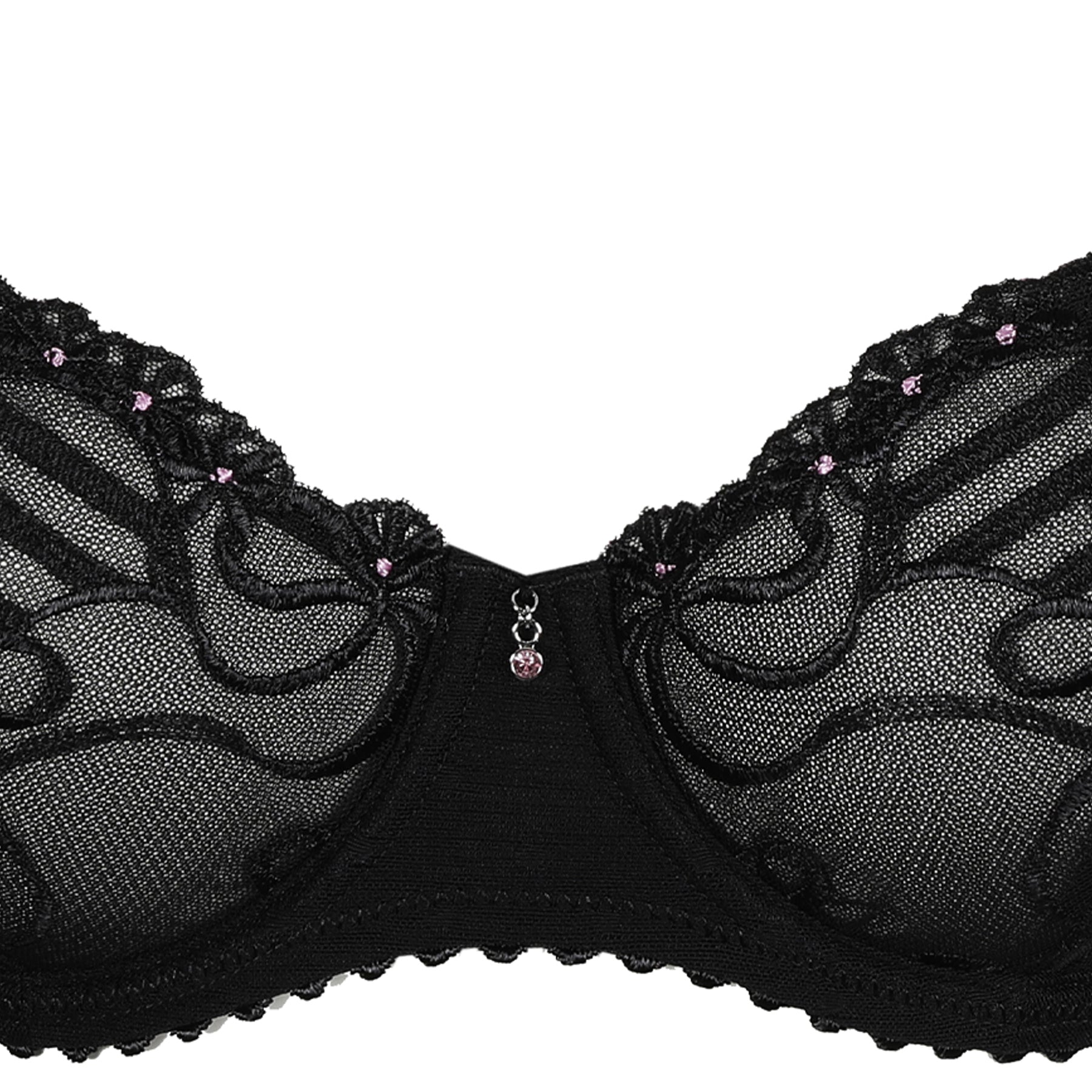 Close-up of Marie Jo Noova bra cups showing black embroidered mesh and delicate pink details.