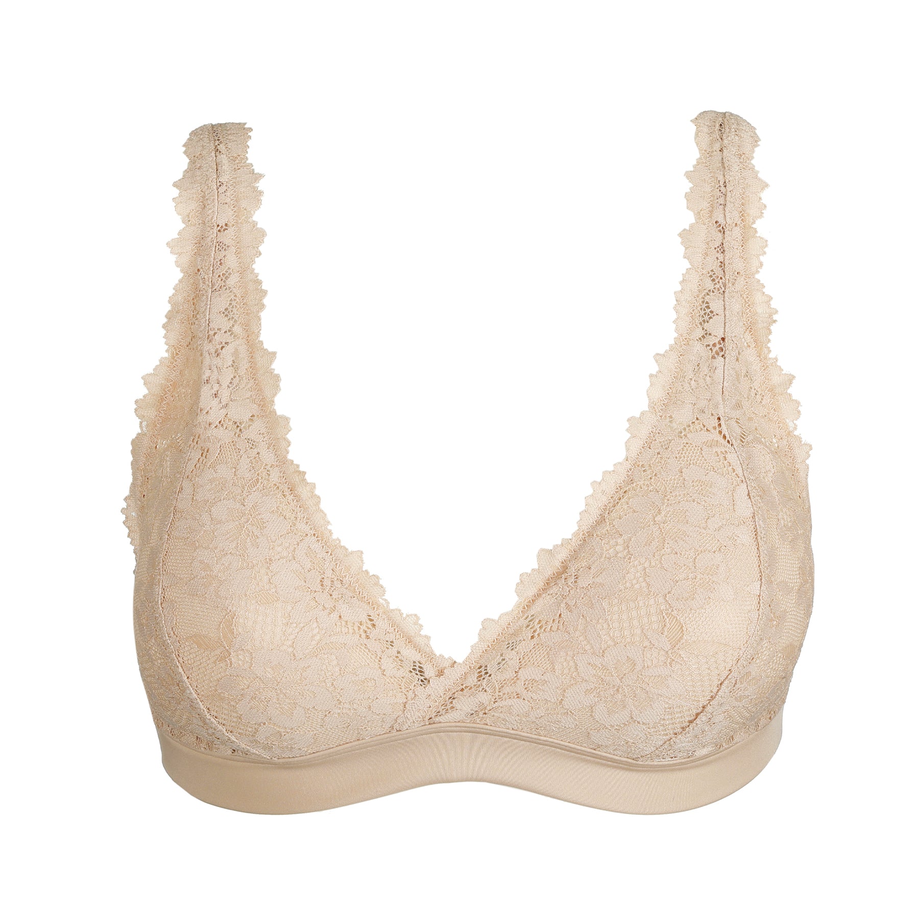 Nude lace soft bralette with deep plunge neckline, floral lace cups and smooth elastic underband on white background