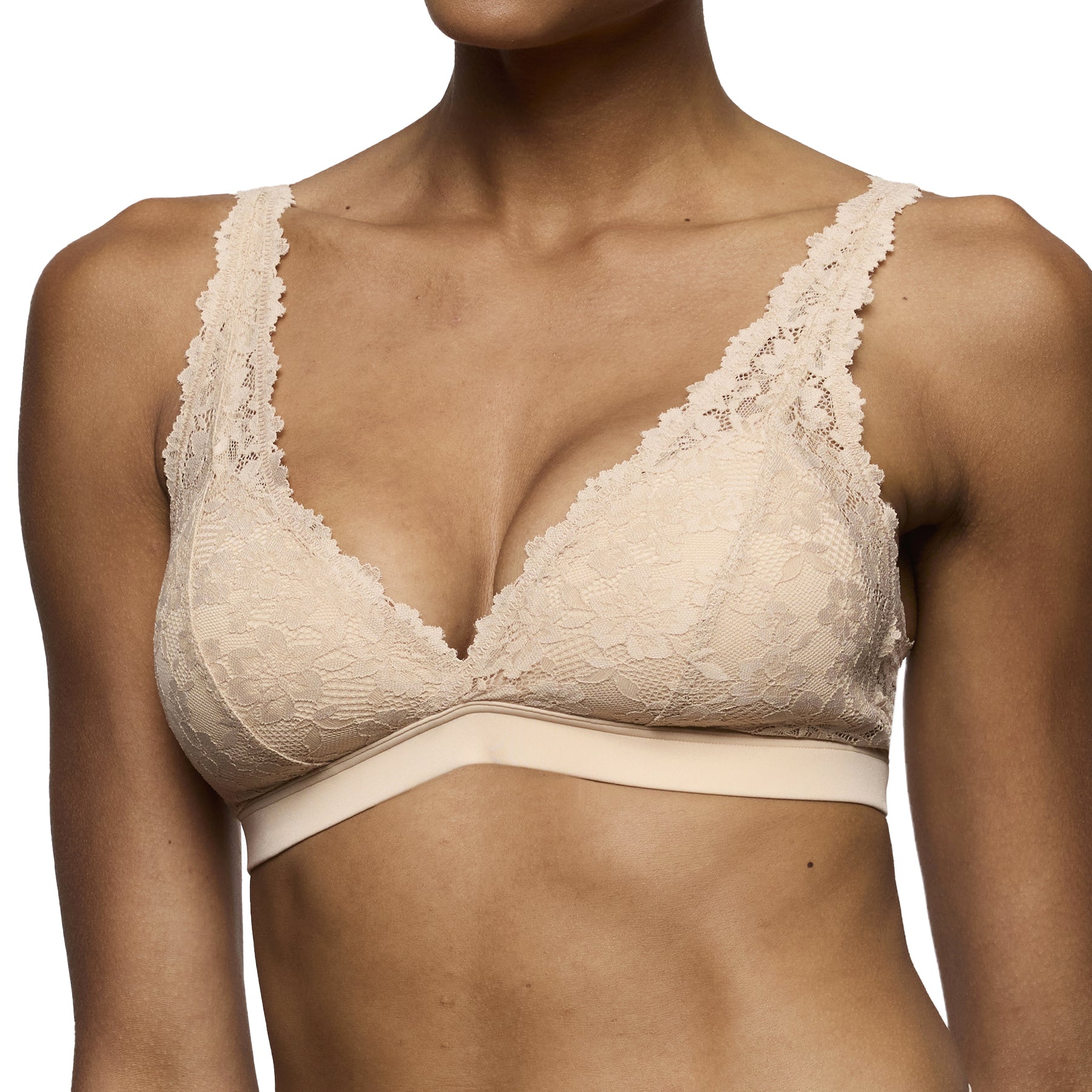 Nude lace soft cup bralette showing delicate floral lace texture and supportive elastic band
