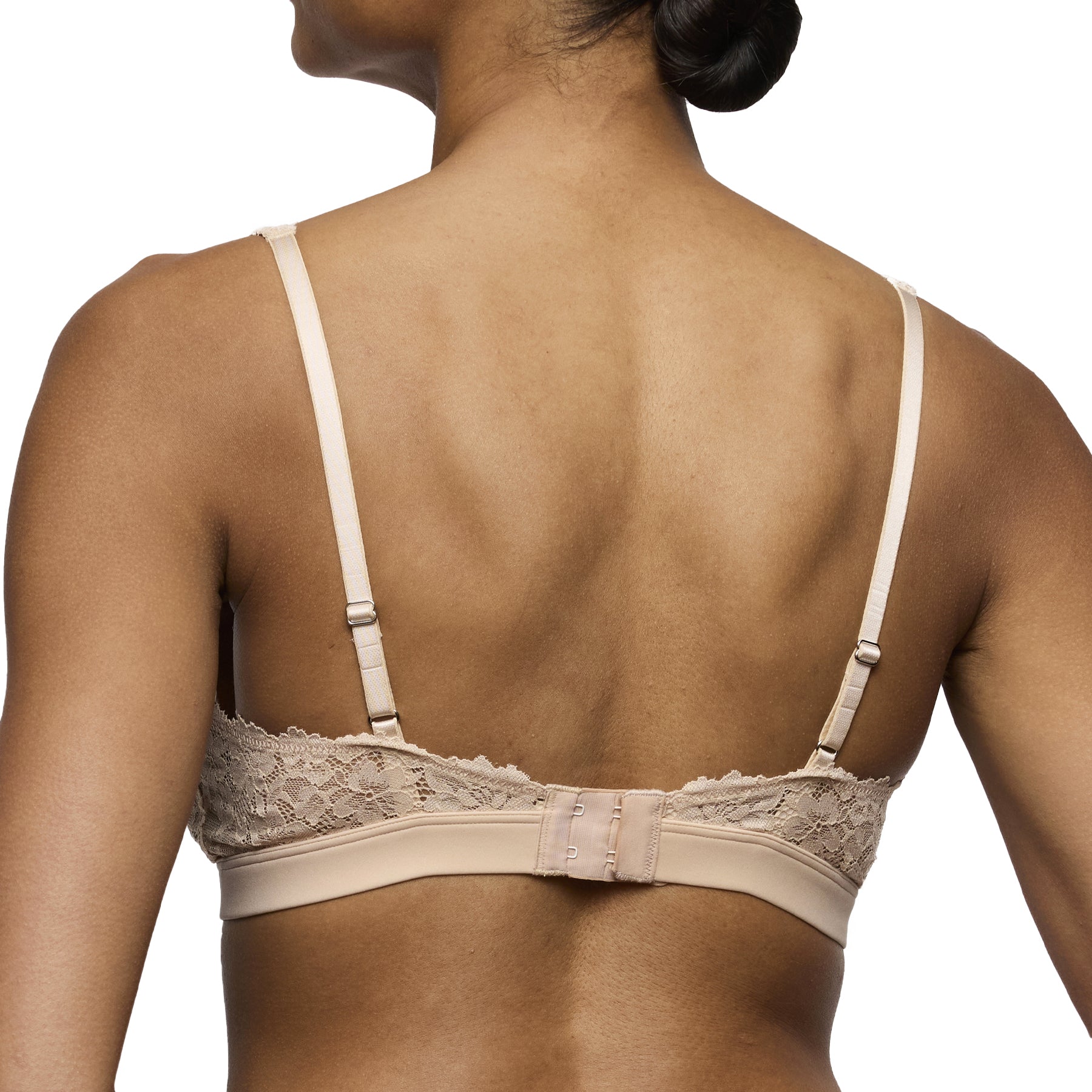 Back view of nude lace bralette with adjustable straps, lace back band and hook closure