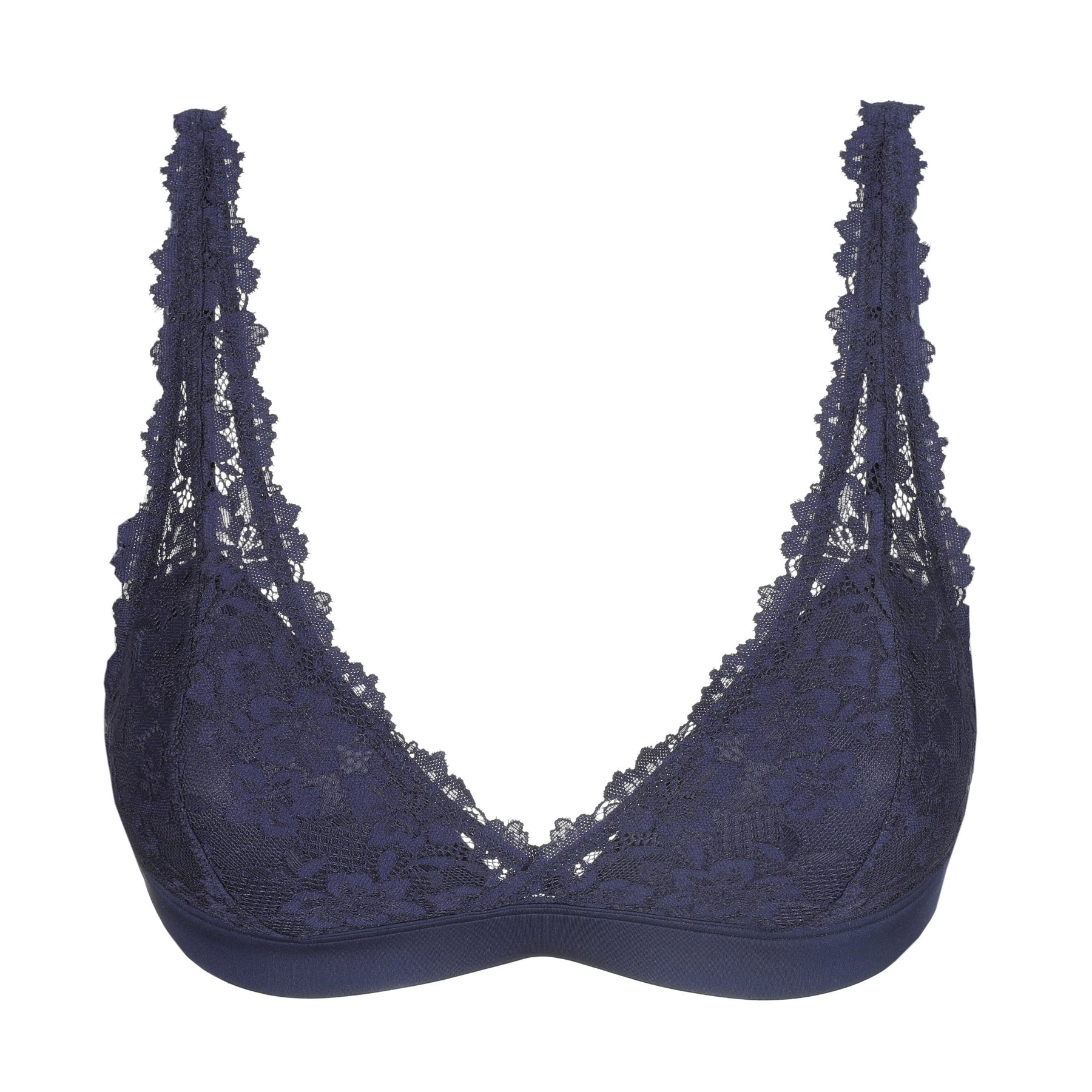 Marie Jo Padded Bralette in Velvet Blue with soft padded cups, floral lace overlay, and a modern wireless design for everyday comfort.