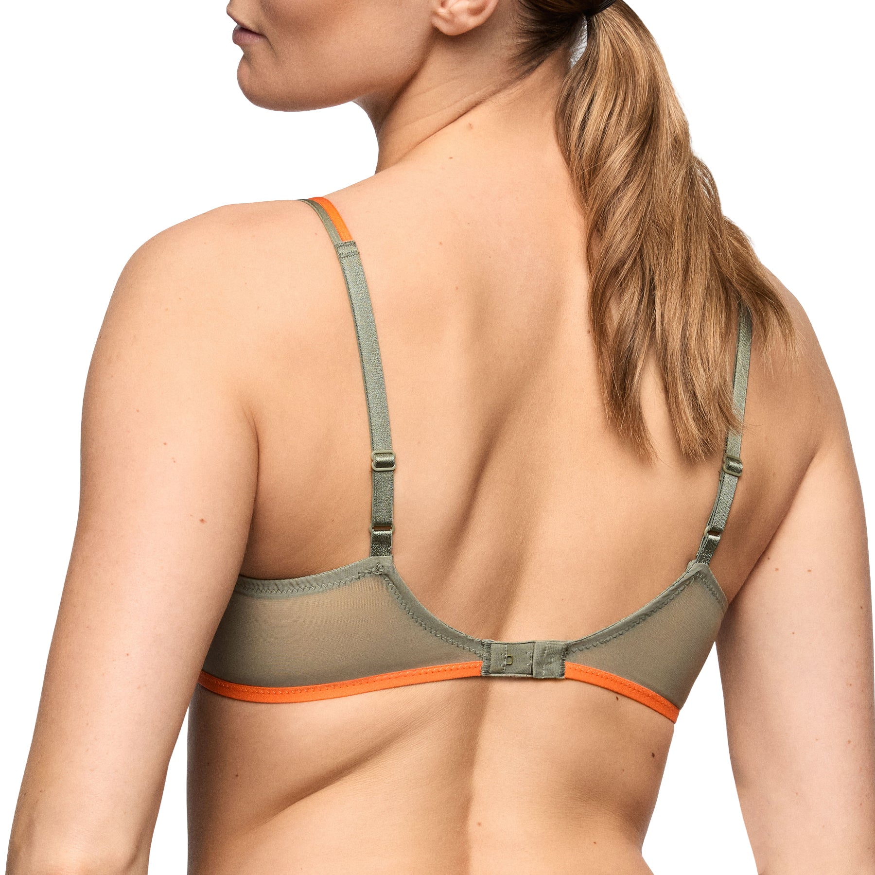 Back view of olive green underwire bra featuring smooth sheer wings, adjustable straps, hook-and-eye closure, and peach trim.