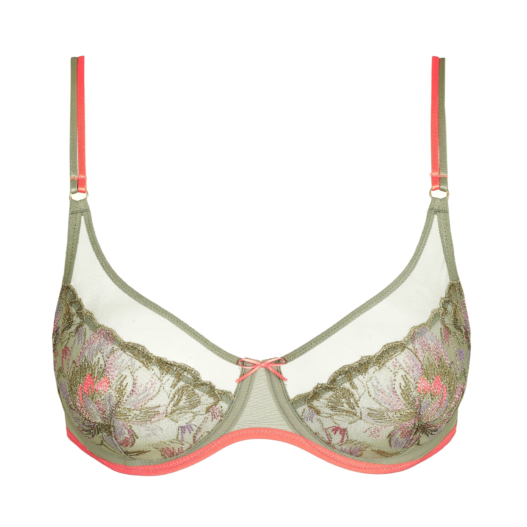 Olive green sheer floral embroidered underwire bra with pink and lilac detailing, mesh upper cups, and contrasting peach accents