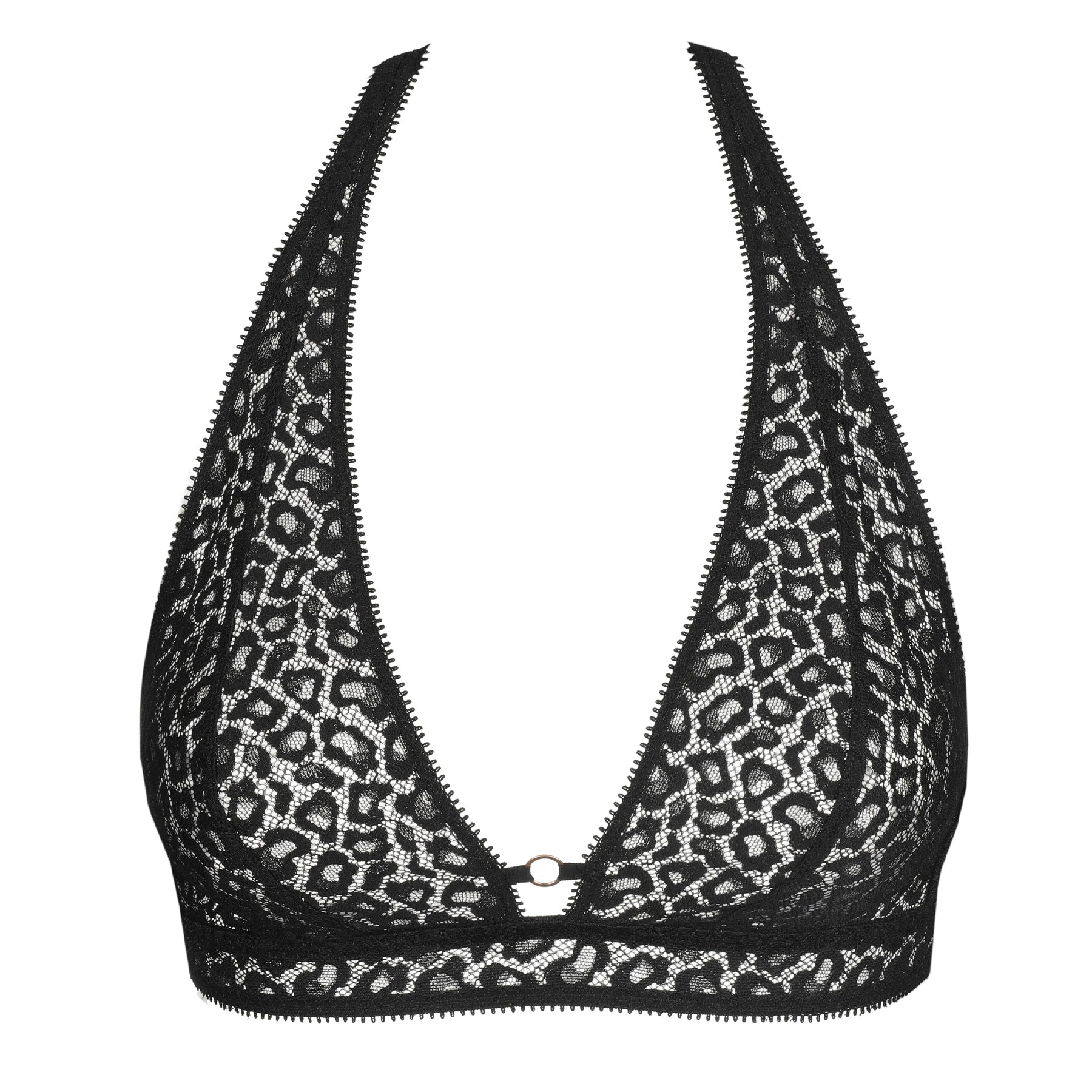Marie Jo black wireless triangle bralette with all-over geometric lace, plunge neckline, and elegant ring detail.