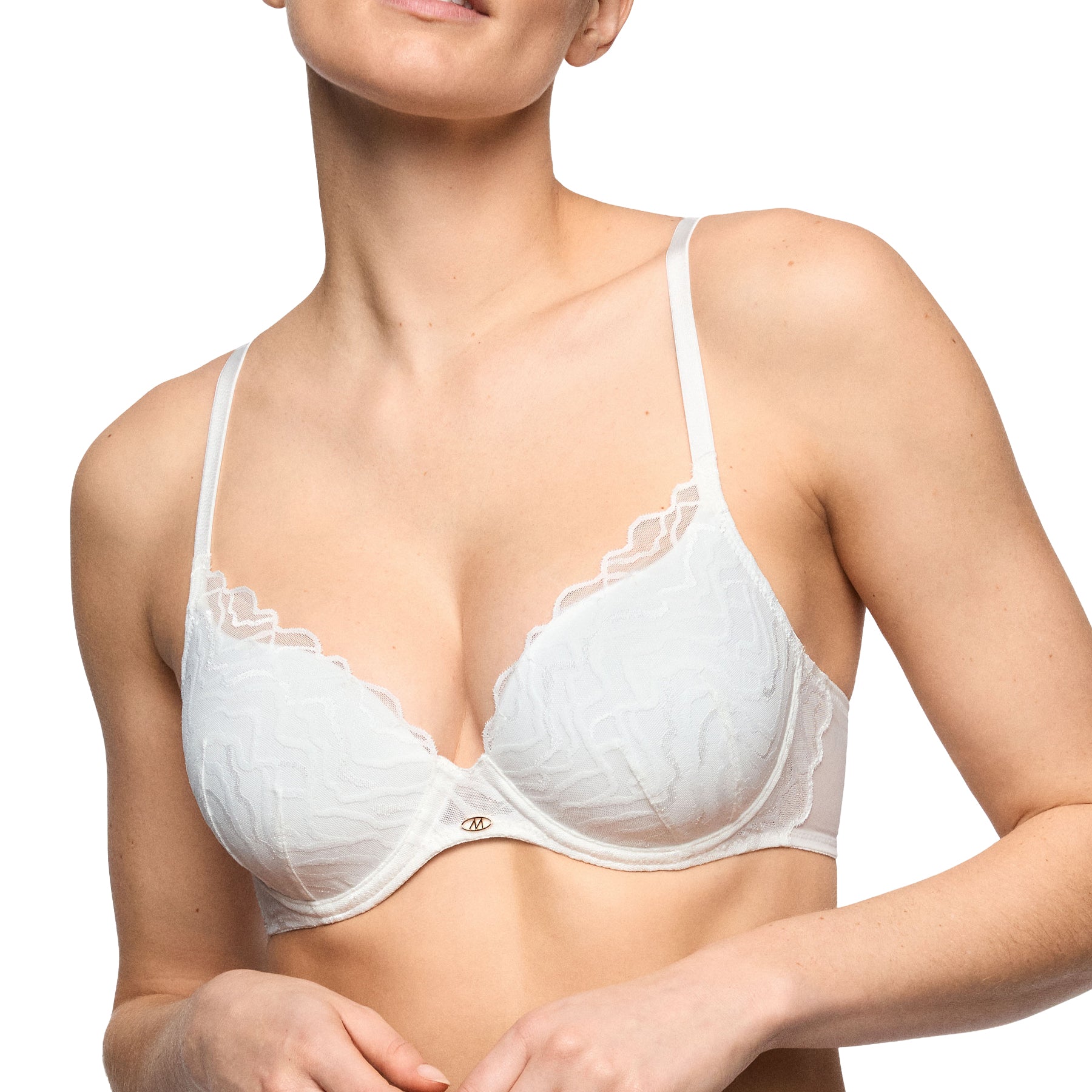 Marie Jo padded heart shape bra in natural white with padded heart-shaped cups, textured embroidered cups, sheer side wings, adjustable straps, and a flattering rounded fit.