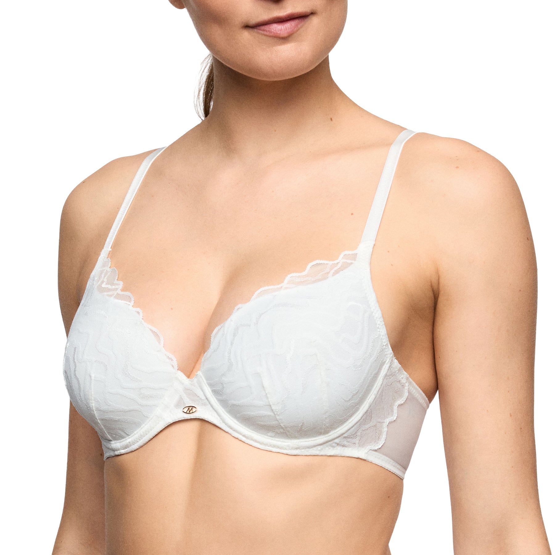 Marie Jo padded heart shape bra in natural white featuring padded heart-shaped cups, delicate textured embroidery, scalloped lace edges, underwire support, and elegant gold center charm.