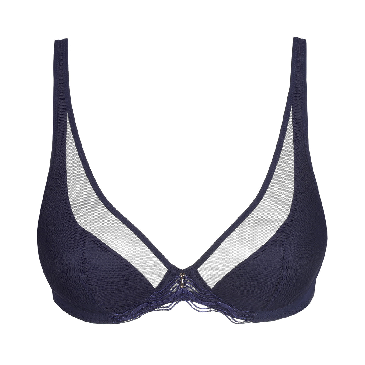 Marie Jo Linaa Plunge Bra in Evening Blue, front product view with sheer mesh neckline and plunge cups