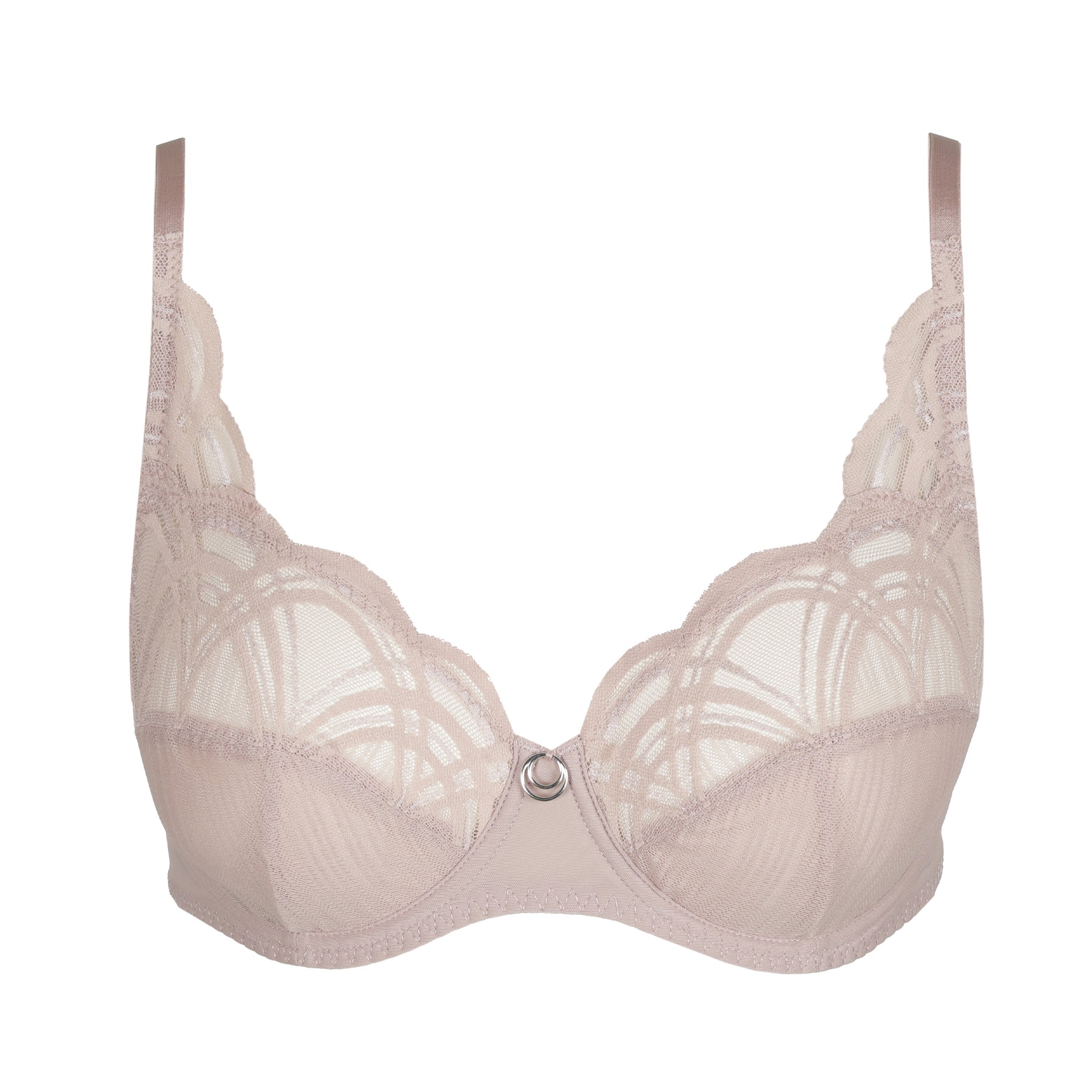 Soft mauve lace underwire bra with sheer embroidered mesh cups and silver charm detail, shown flat on white background.