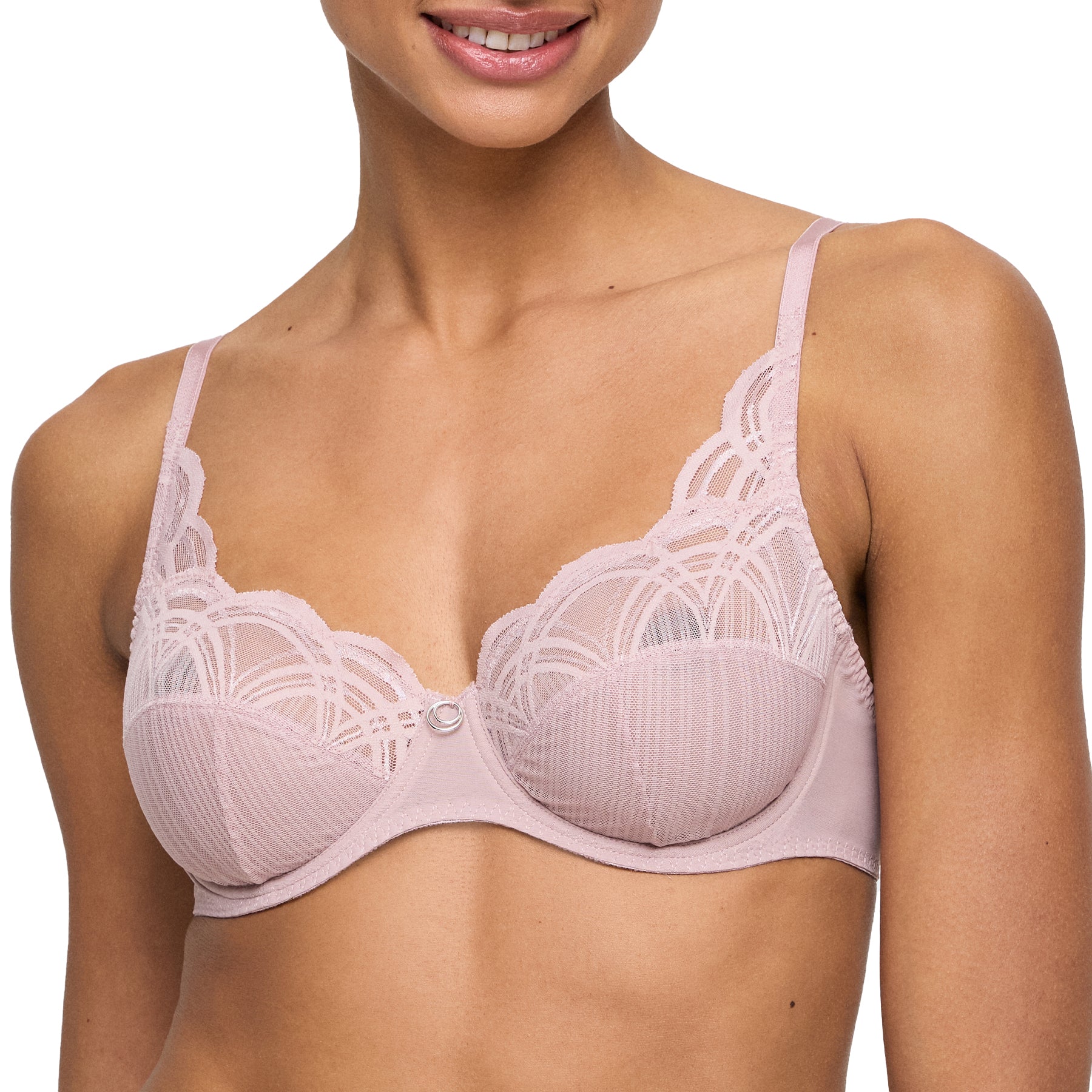Close-up of woman wearing mauve lace bra with scalloped embroidered cups and delicate mesh detailing.