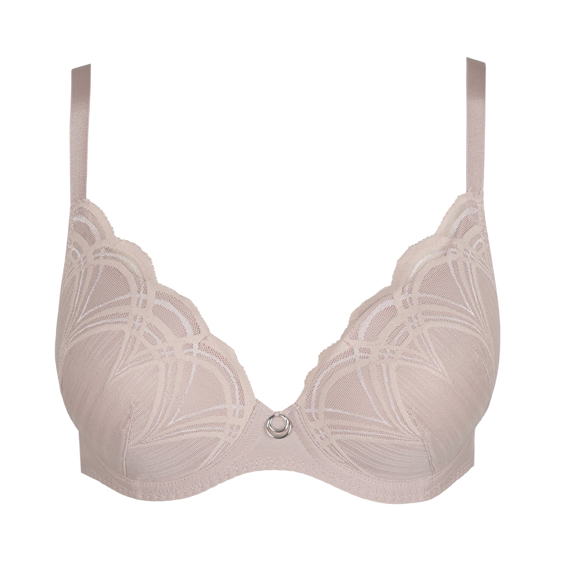 Soft mauve padded underwire bra with embroidered tulle overlay and silver charm, shown flat on white background.