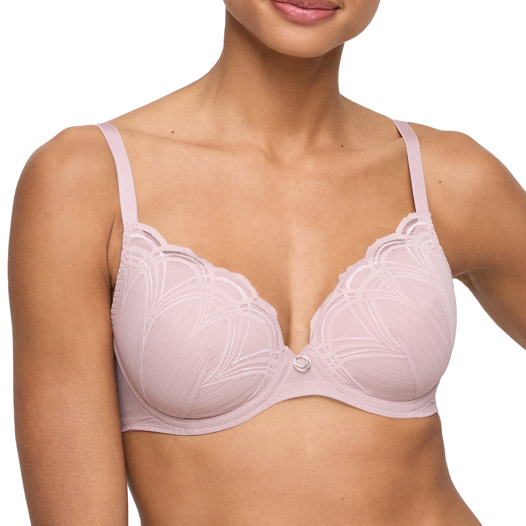 Close-up front view of woman wearing mauve lace bra with scalloped edges and moulded cups.