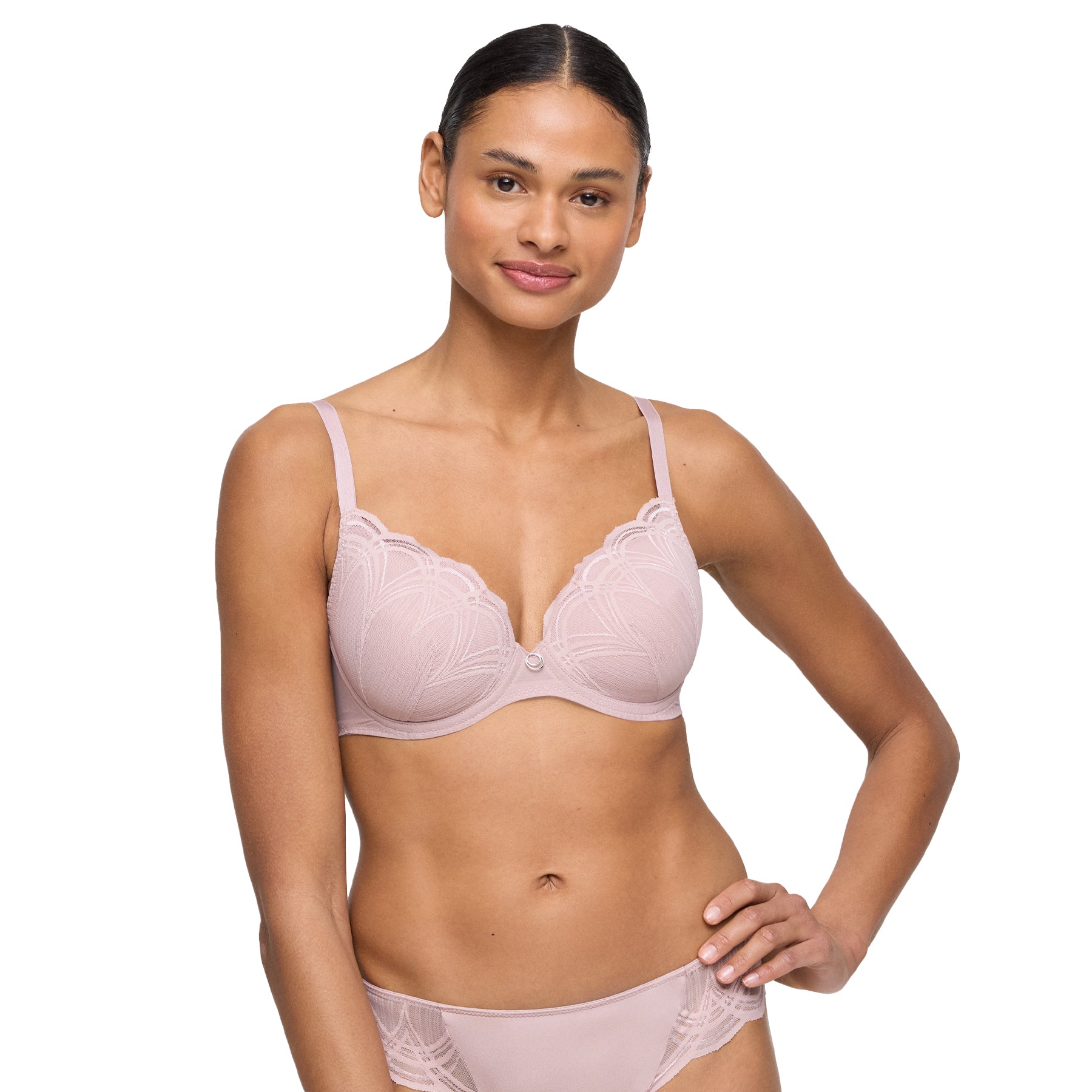 Woman wearing mauve lace padded bra and matching thong with sheer embroidered side panels.
