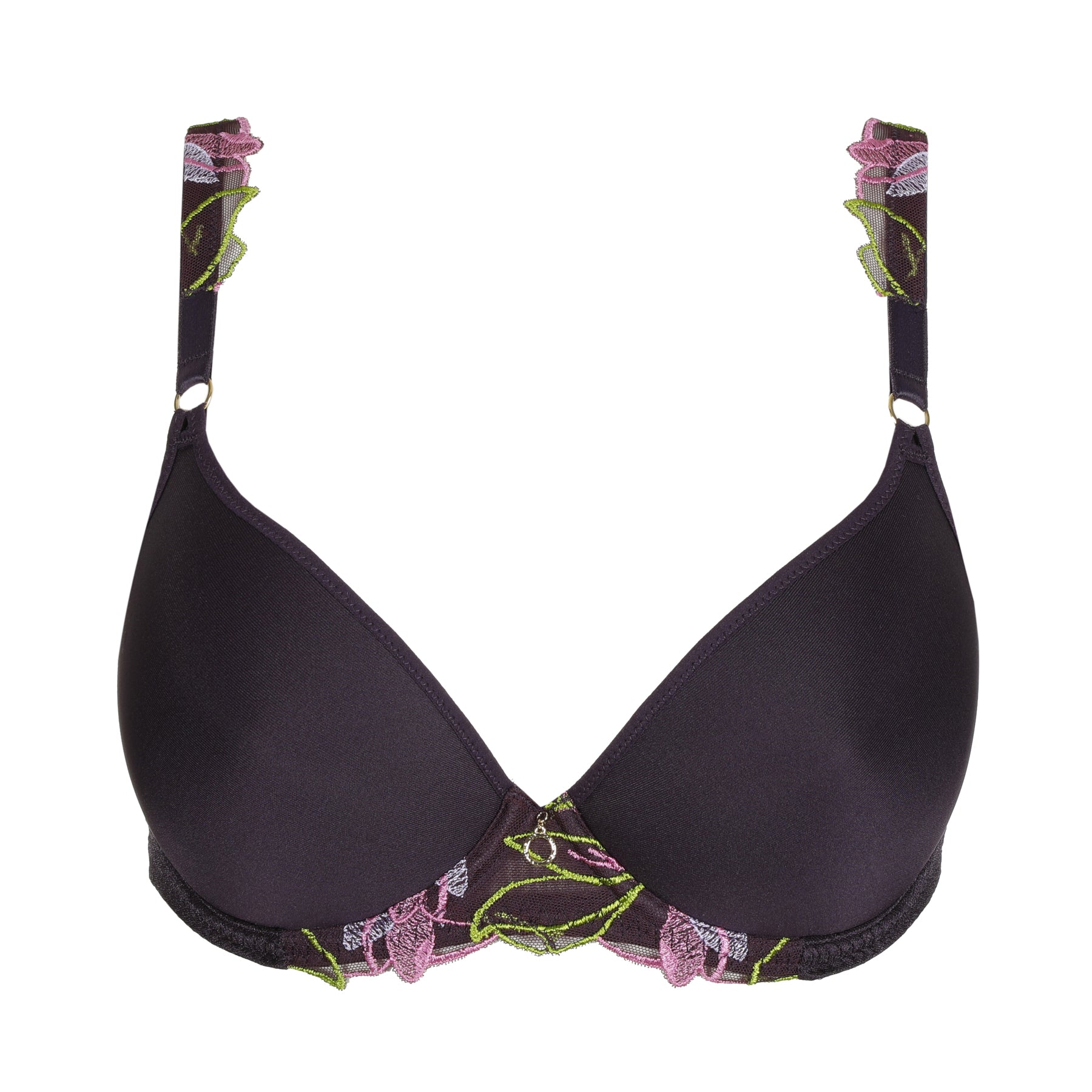 Front view of plum padded bra with smooth cups and multicolour floral embroidery on straps and underband