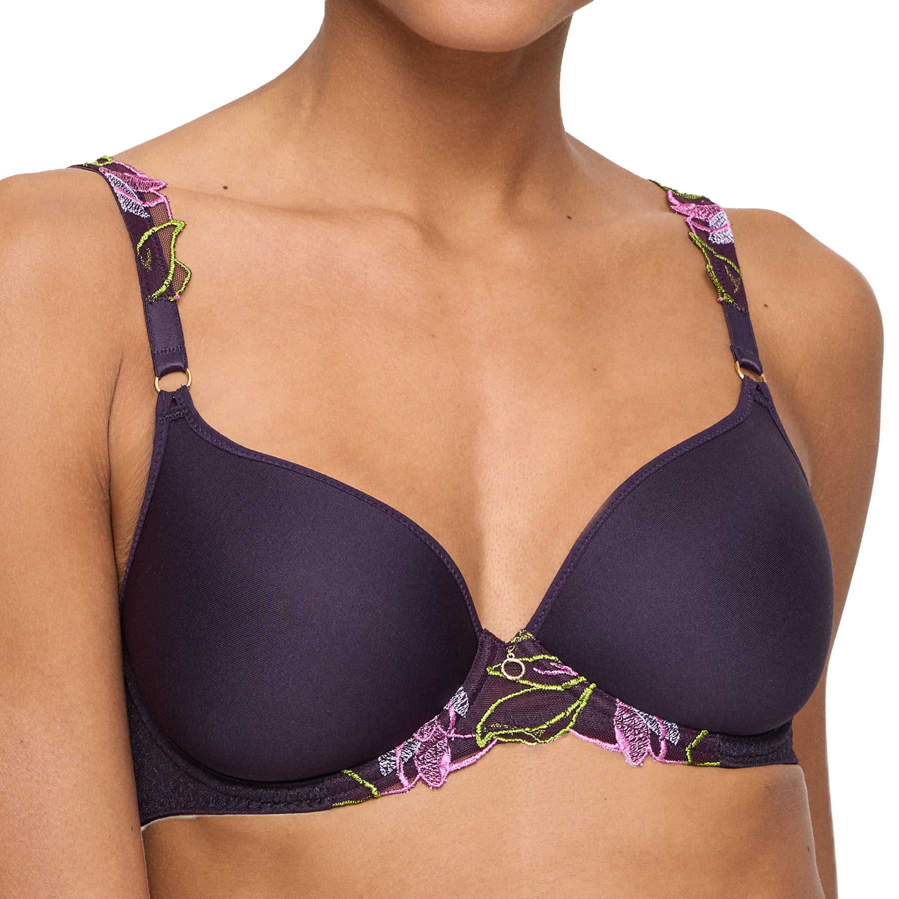 Close-up of model wearing plum embroidered bra with moulded cups and delicate strap detailing