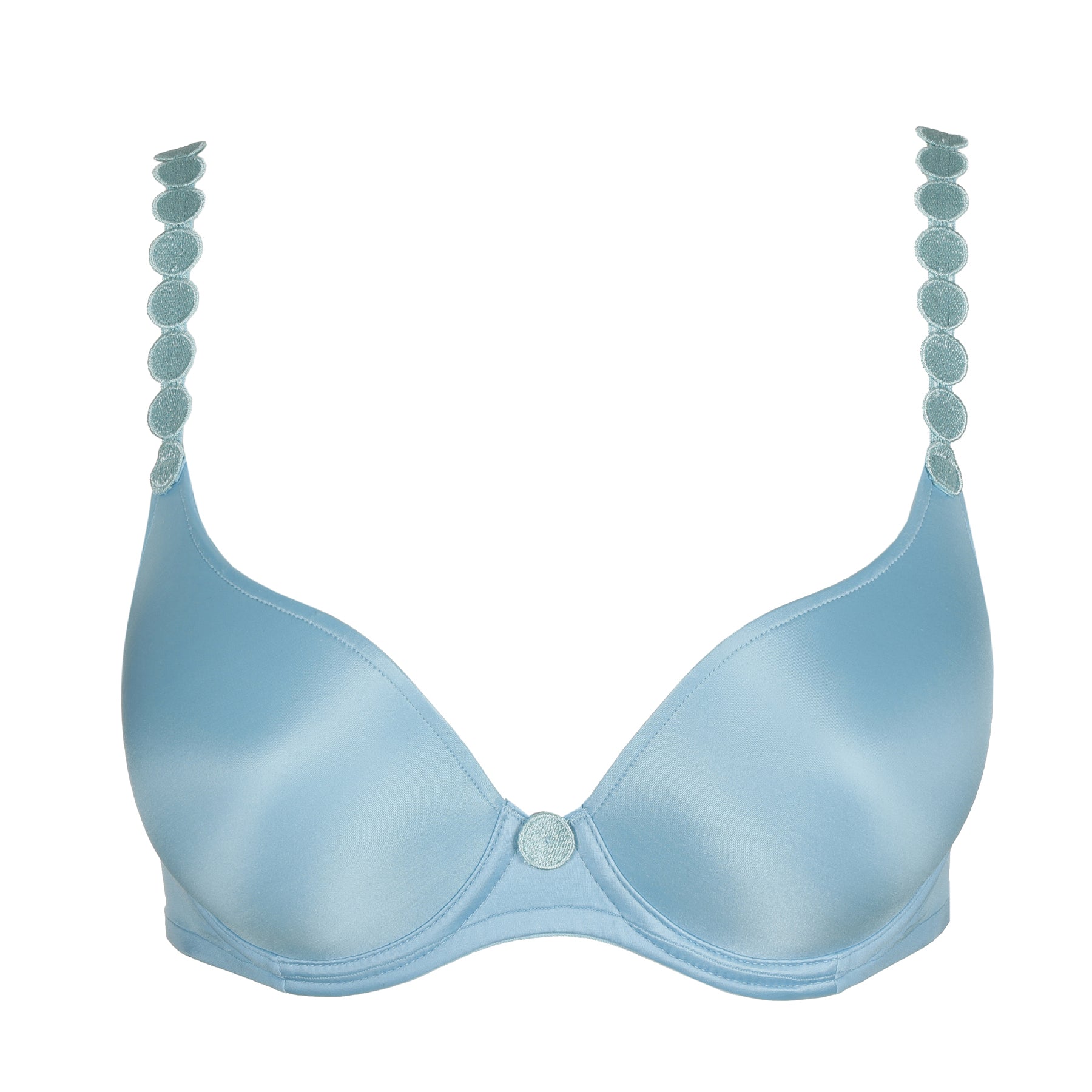 Product image of a light blue padded bra with smooth cups and embroidered straps.