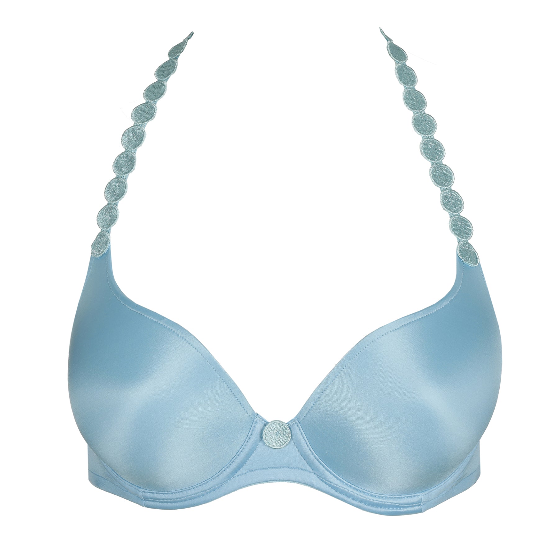 Frontal product image of a light blue padded bra with smooth cups and embroidered straps fully extended.