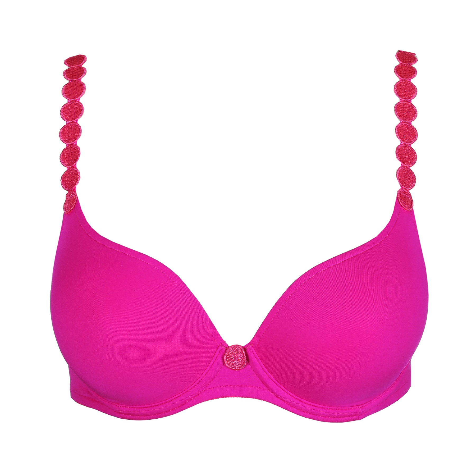 Fuchsia pink underwire bra with smooth moulded cups and decorative shoulder straps, shown flat on a white background.