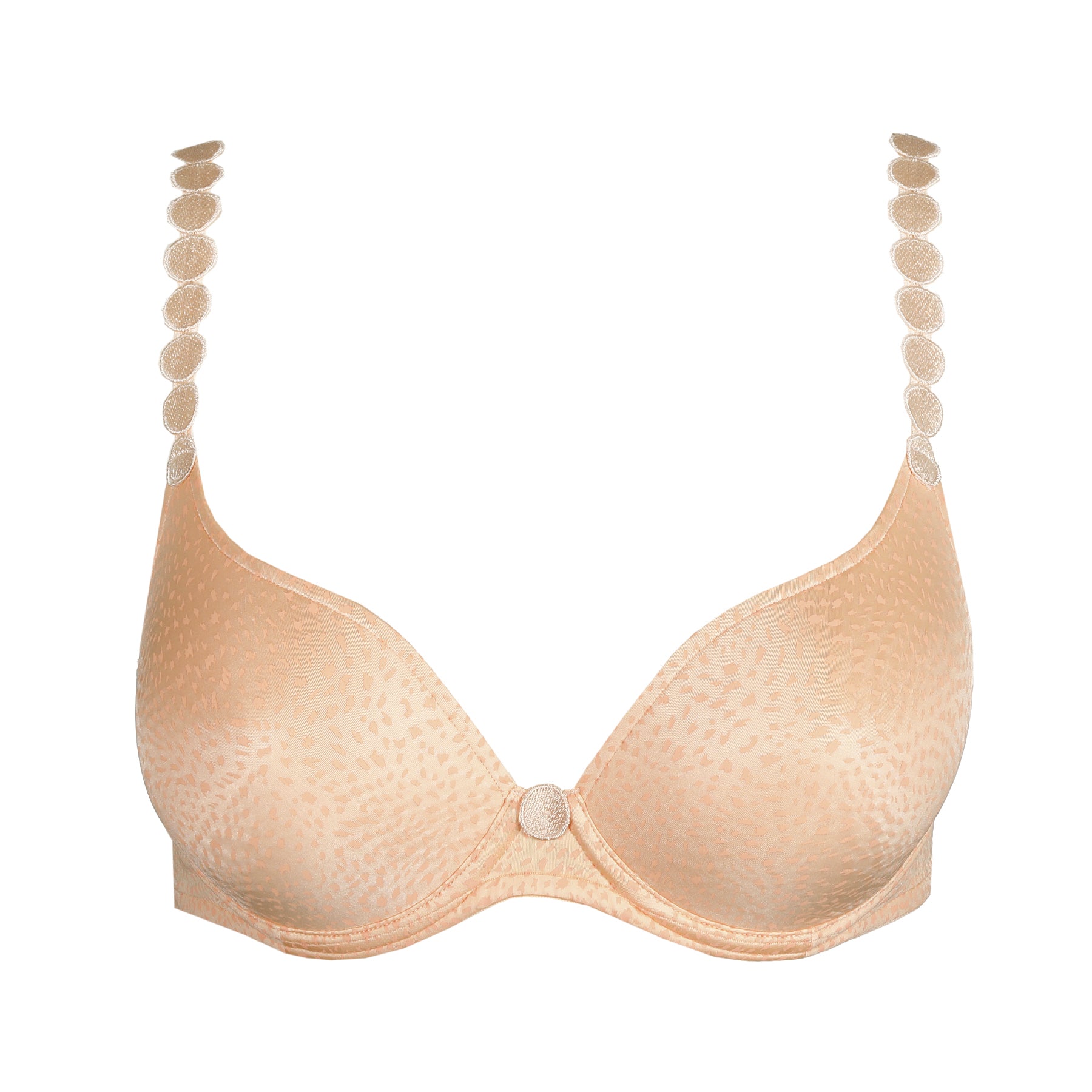 Peach plunge bra with smooth moulded cups and decorative strap detail on white background