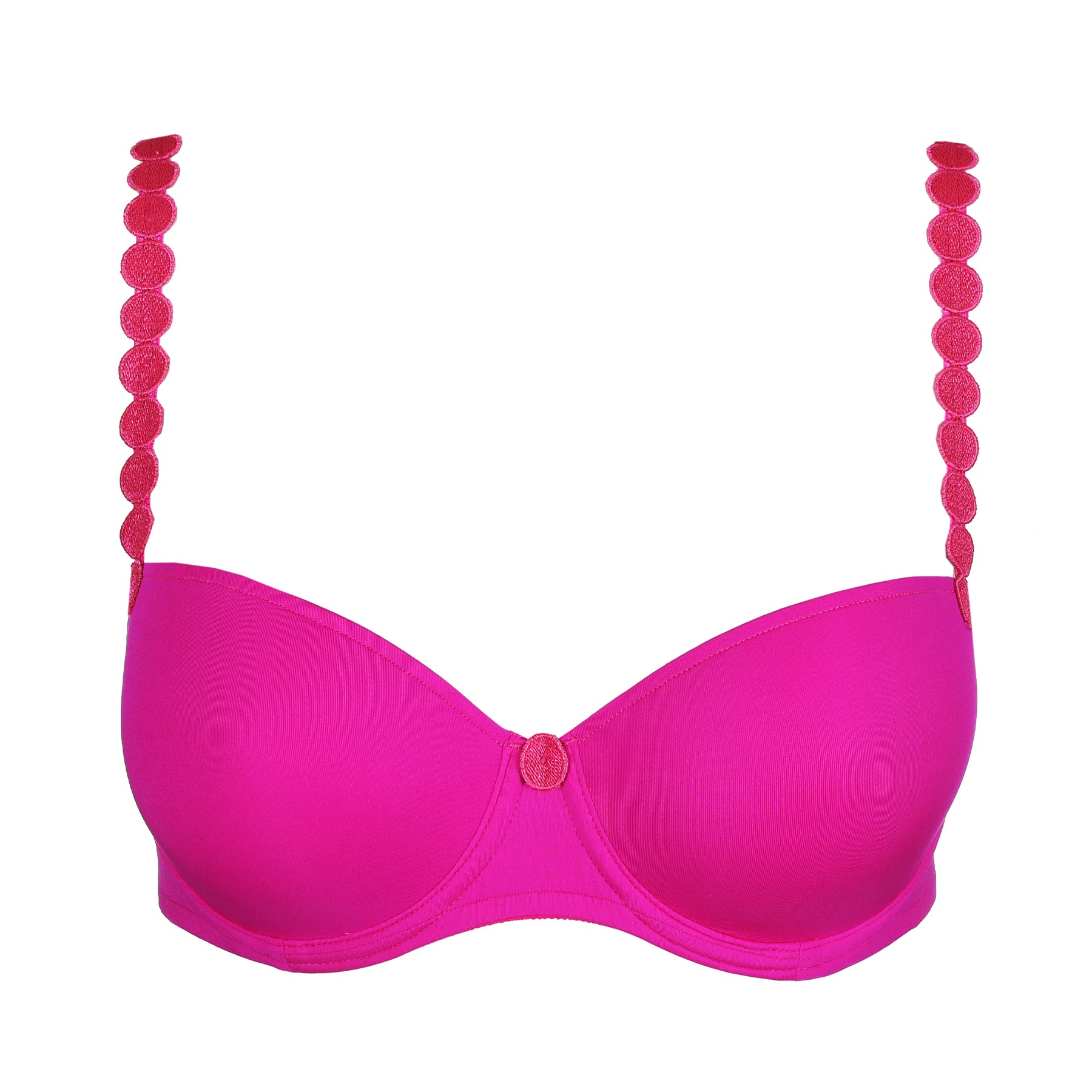 Influencer pink padded balcony bra with scalloped decorative straps displayed on white background
