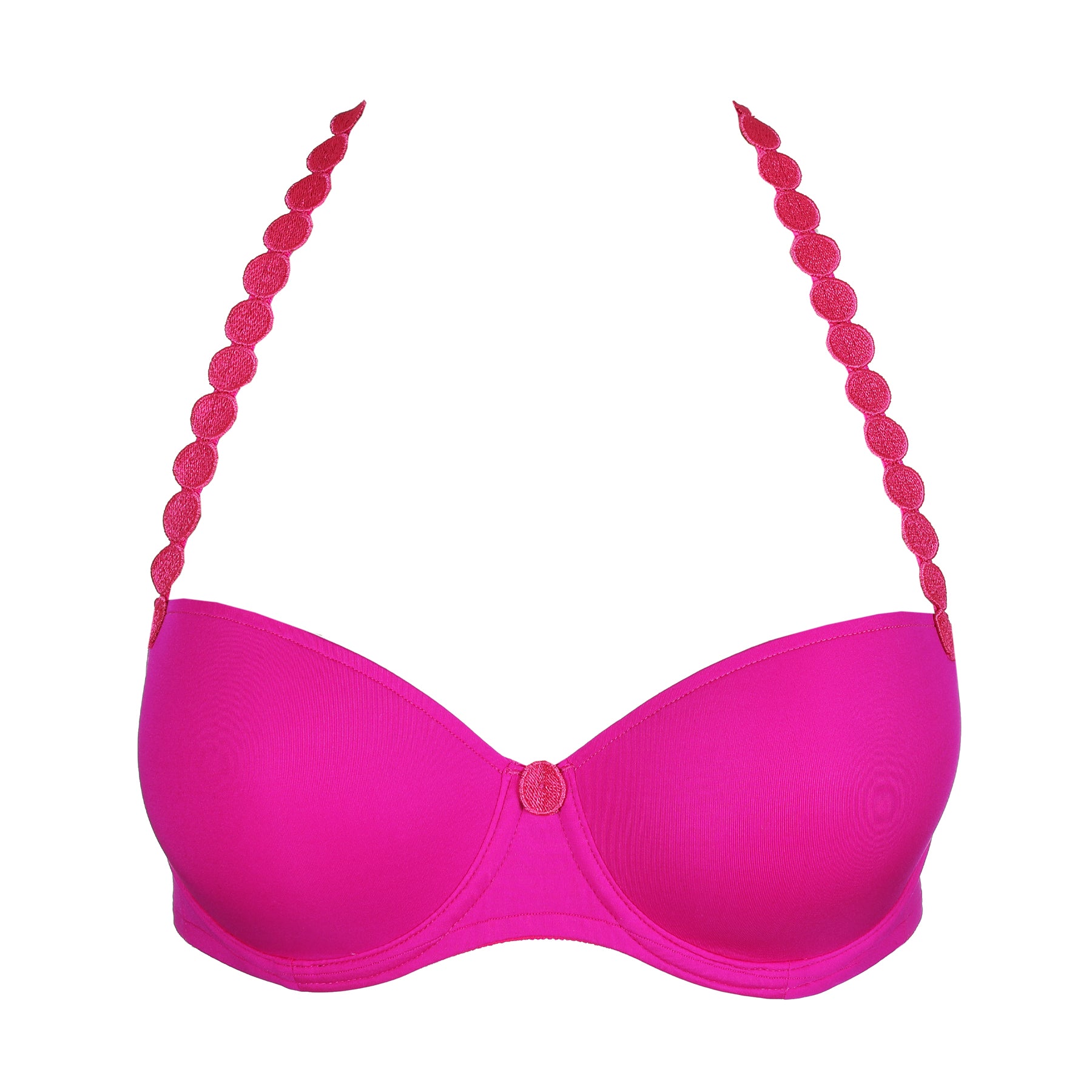 Front view of influencer pink padded balcony bra featuring smooth padded cups and a sleek balconette silhouette