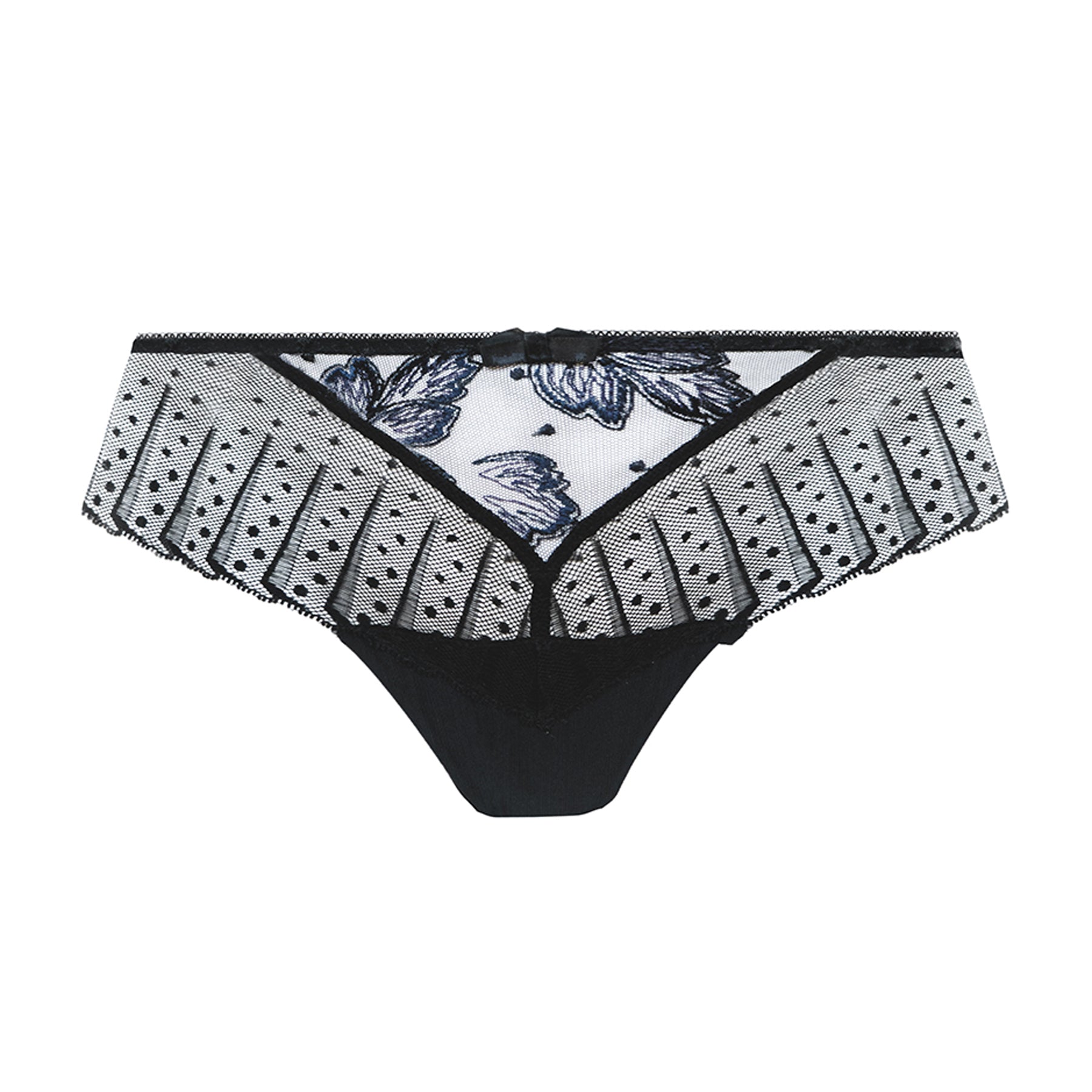 Black shorty brief with blue floral embroidered mesh, sheer dotted tulle, geometric lace front panels, opaque gusset, and a delicate satin bow accent.